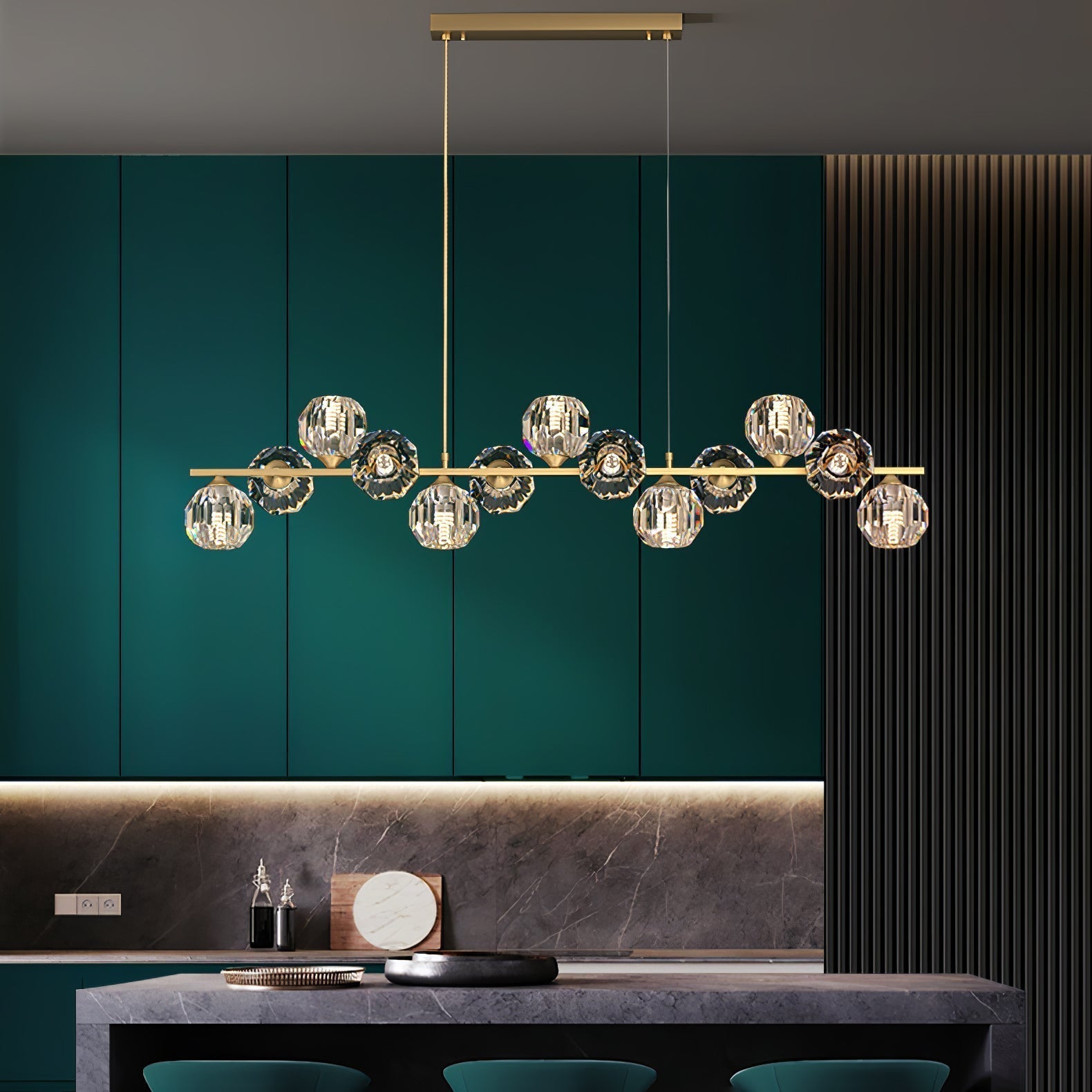 Valentina Modern LED Long Linear Metal Brass Multi Crystal Glass Globe Living/Dining Room Pendant Light - Neutralighting
