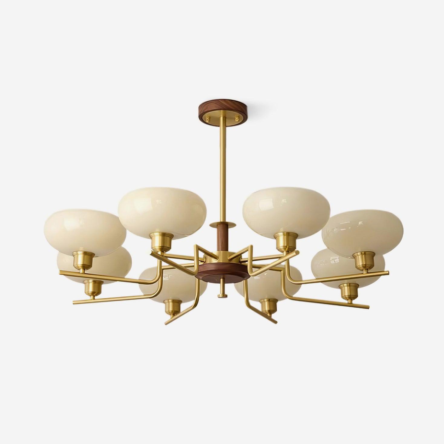 Chandelier Wood & Brass Frame Glass Shades Medieval Ambience - Neutralighting