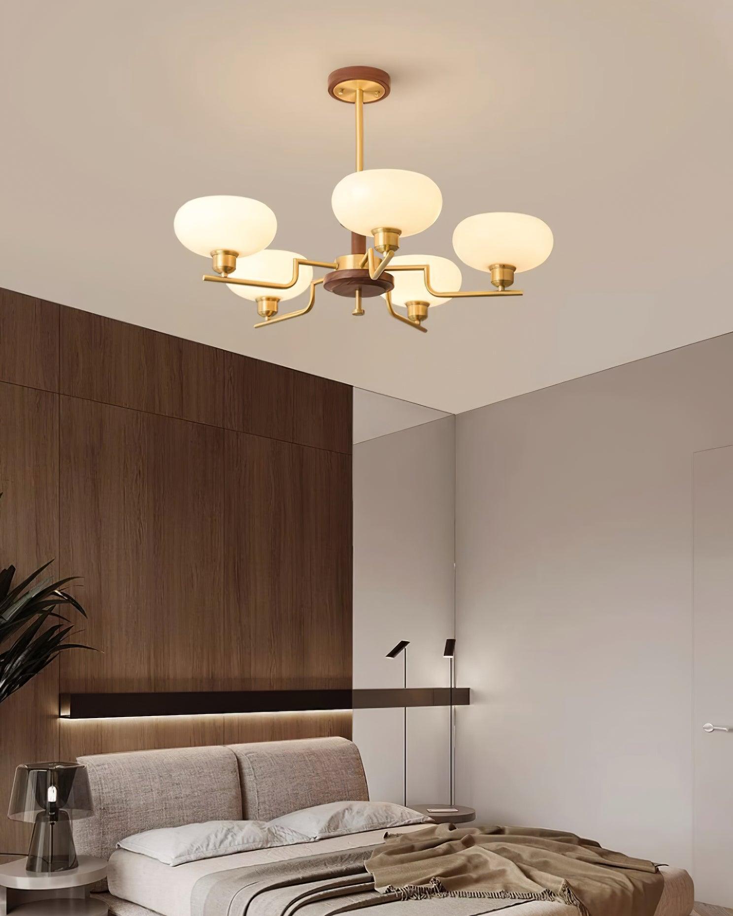 Chandelier Wood & Brass Frame Glass Shades Medieval Ambience - Neutralighting
