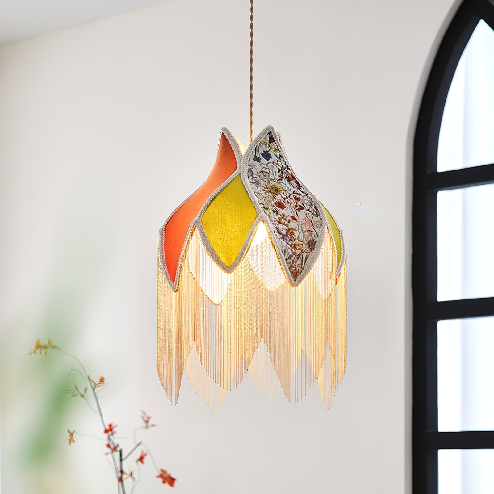 Pendant Lamp with Floral Petal Fabric Shade Fringe Bohemian - Neutralighting