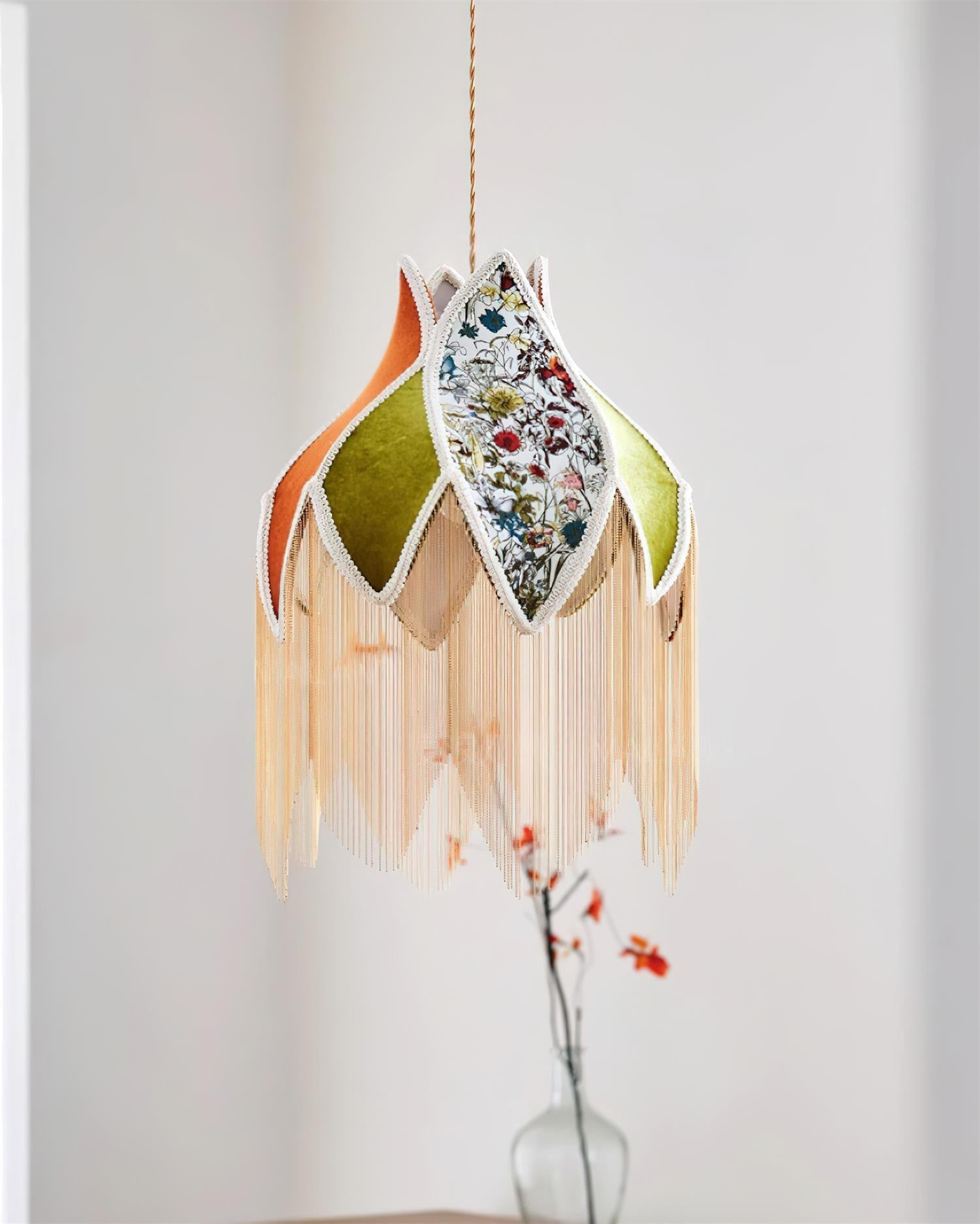 Pendant Lamp with Floral Petal Fabric Shade Fringe Bohemian - Neutralighting