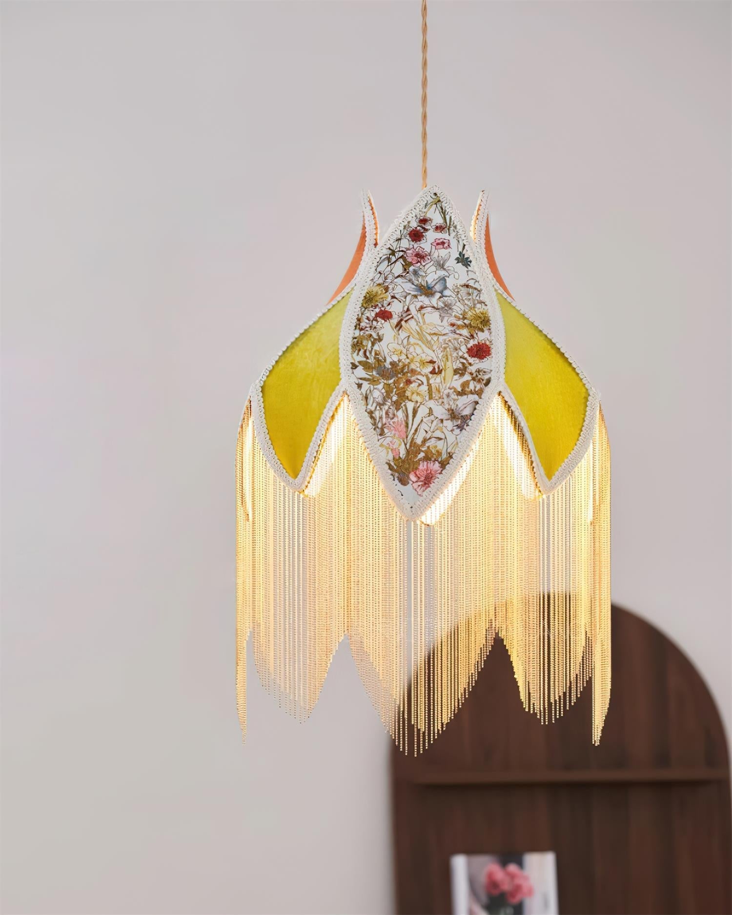 Pendant Lamp with Floral Petal Fabric Shade Fringe Bohemian - Neutralighting