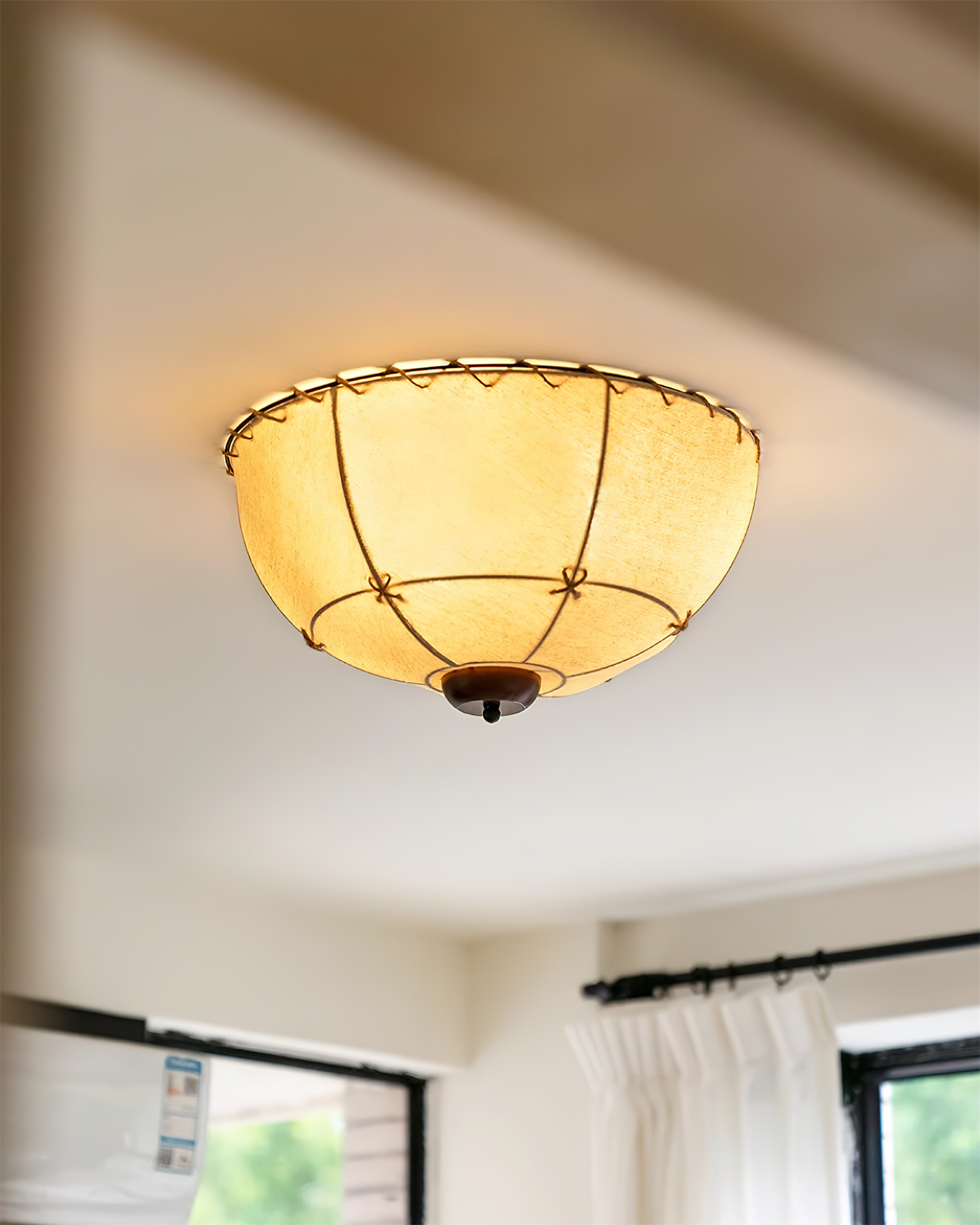 Ceiling Light Handcrafted Shade Wood and Fabric Rustic Fixture - Neutralighting