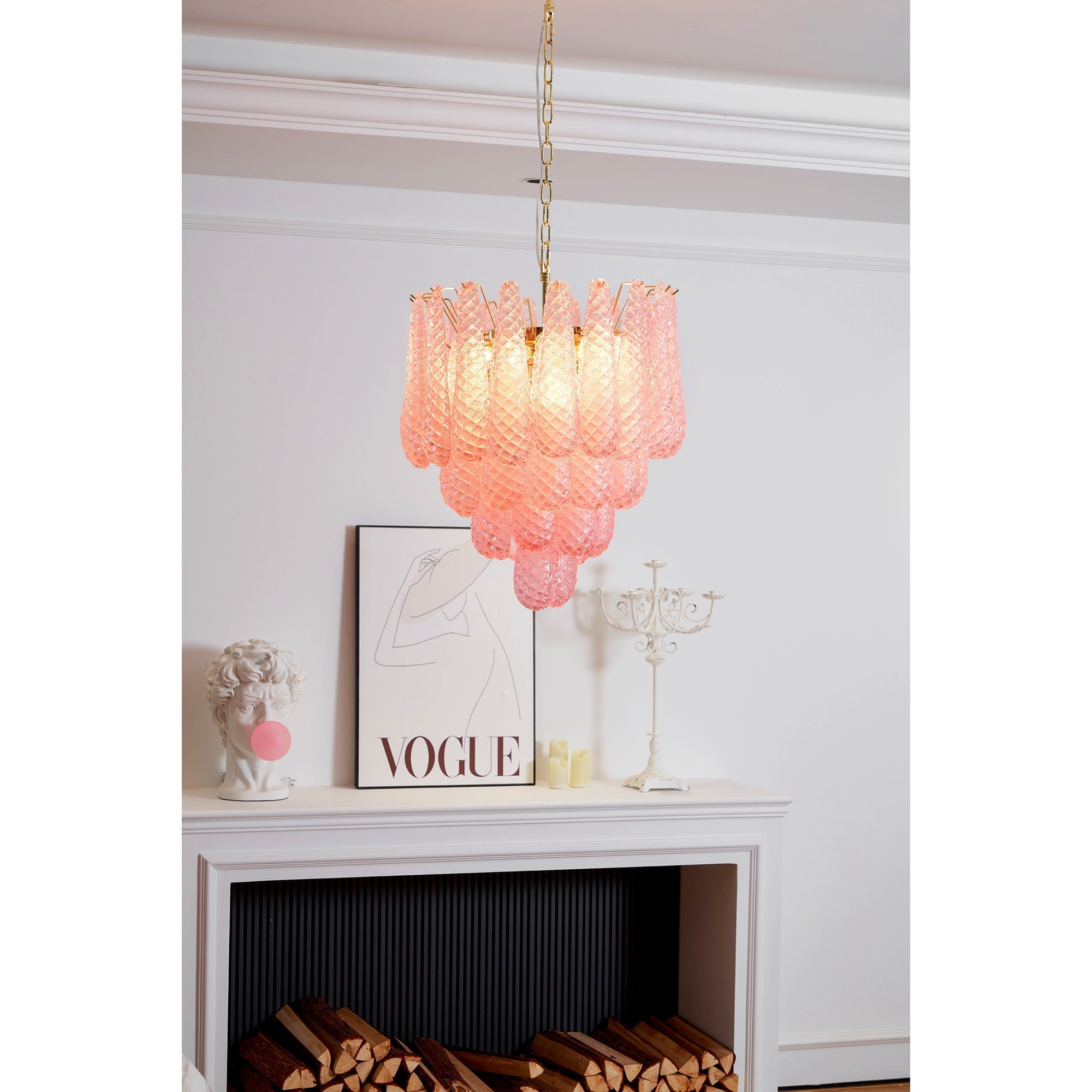 Aurora Chandelier Pink Droplet Murano Glass Diamond Pattern Waterfall