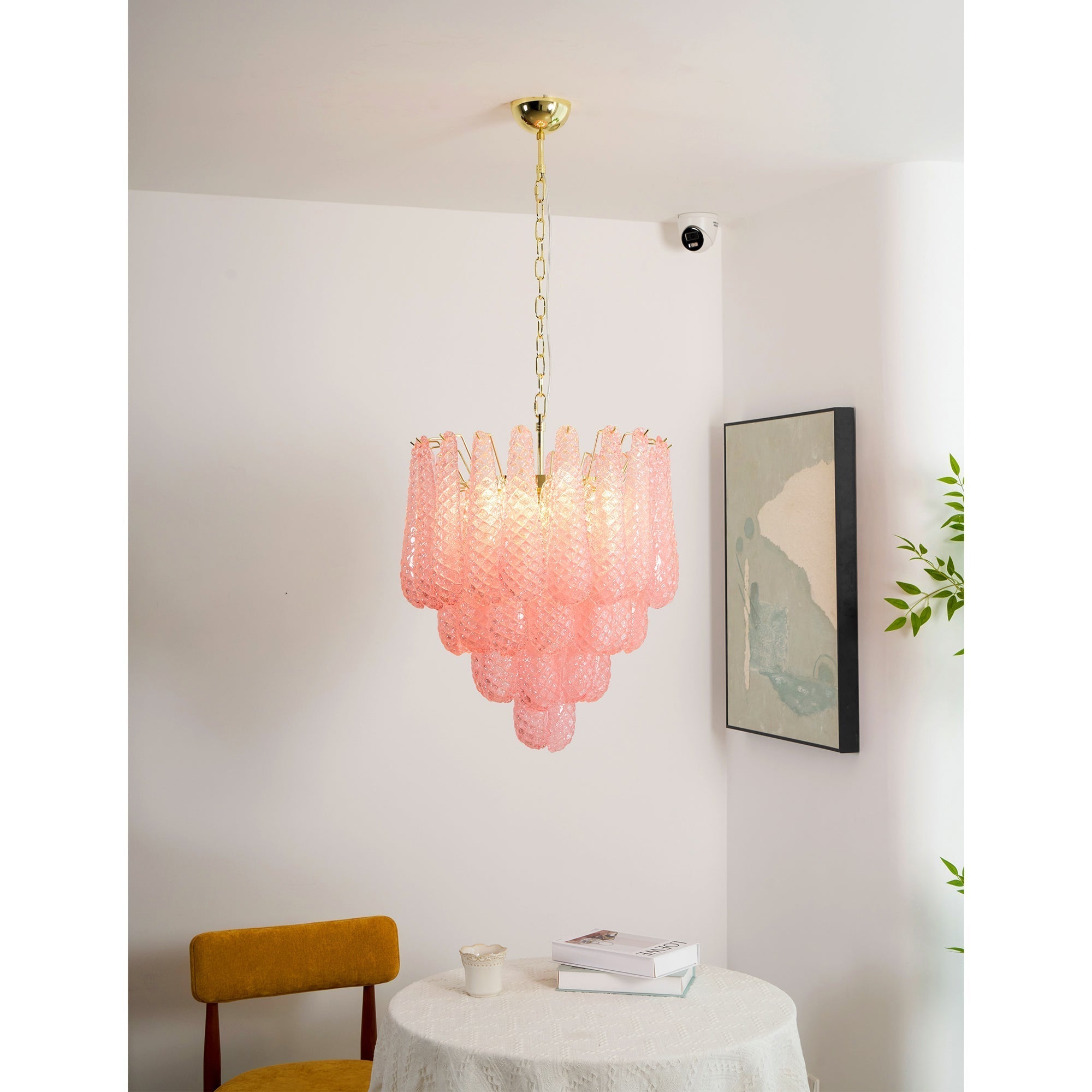 Aurora Chandelier Pink Droplet Murano Glass Diamond Pattern Waterfall