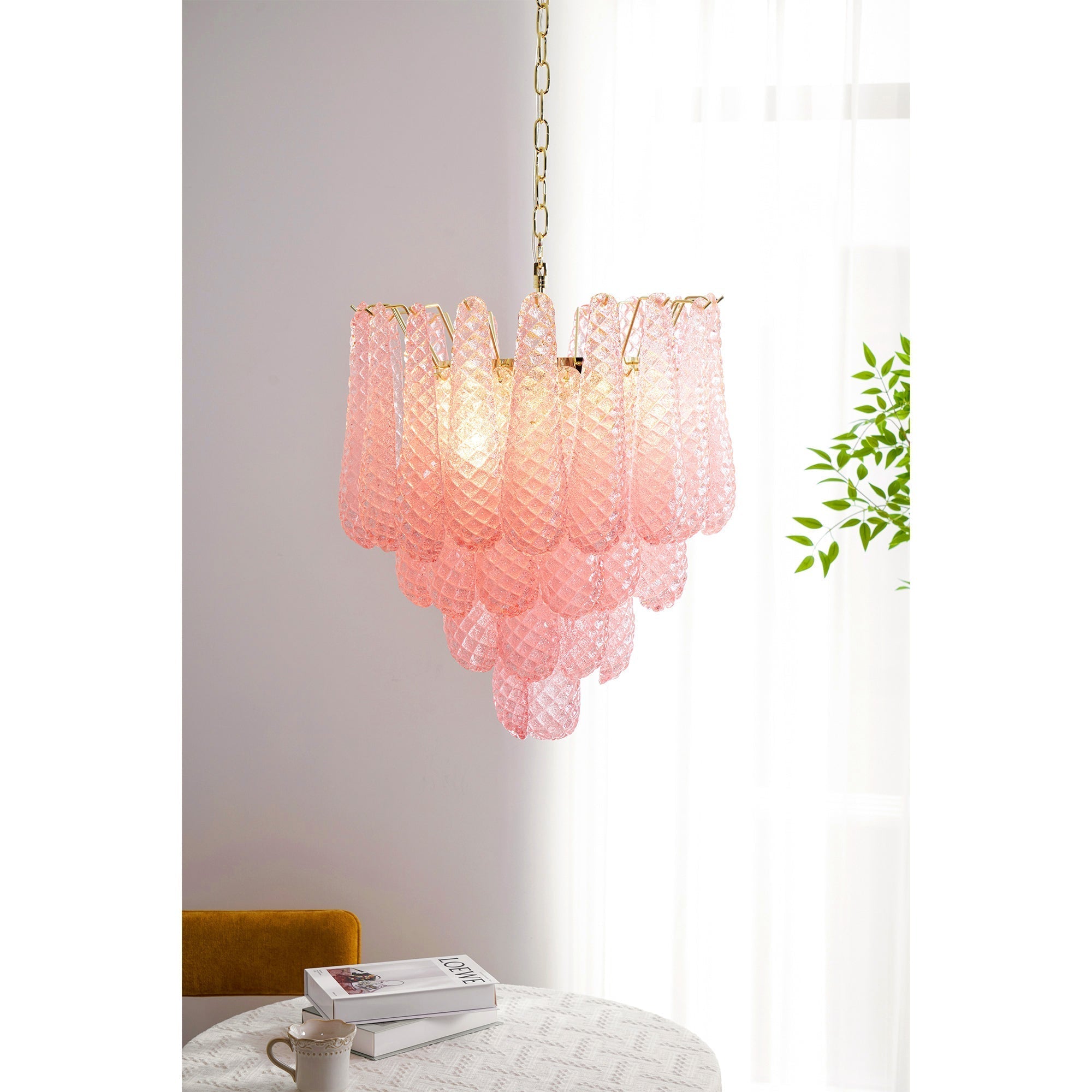 Aurora Chandelier Pink Droplet Murano Glass Diamond Pattern Waterfall