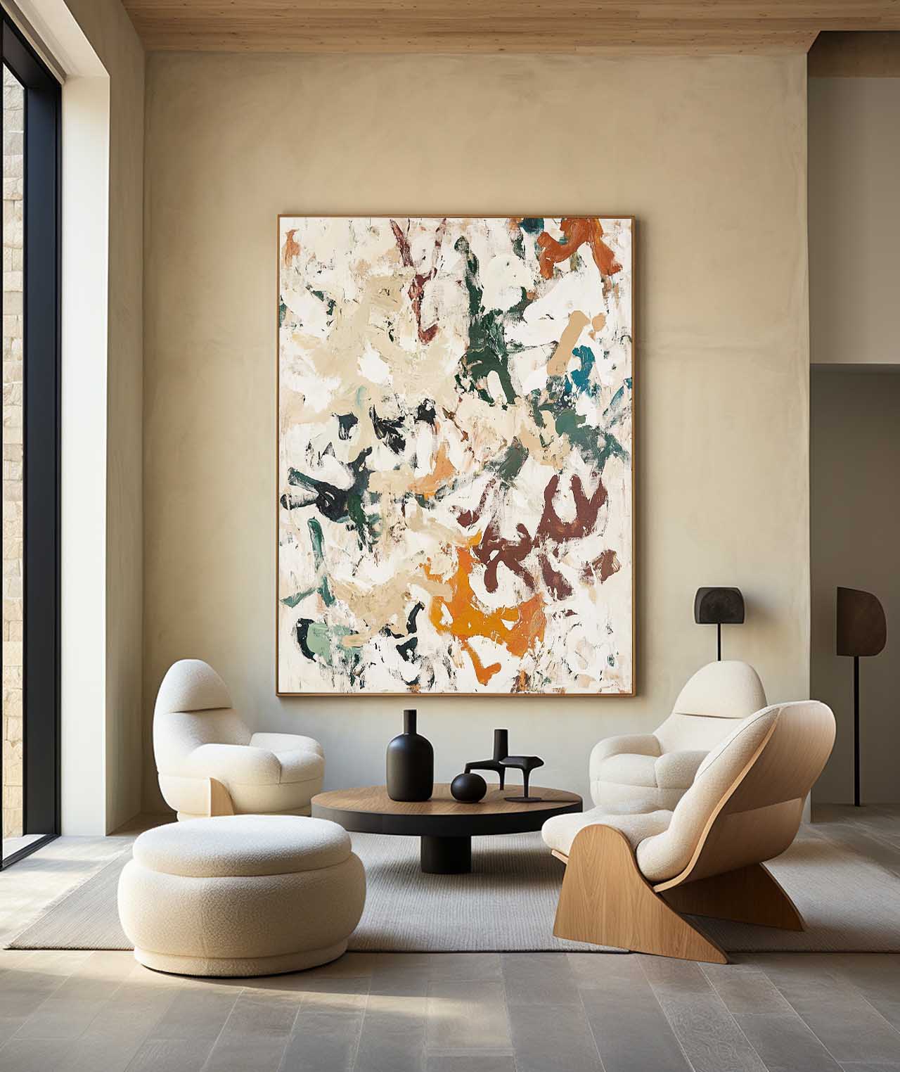Beige‑Green‑Orange Vertical Abstract Earth‑Tone Textured Artwork