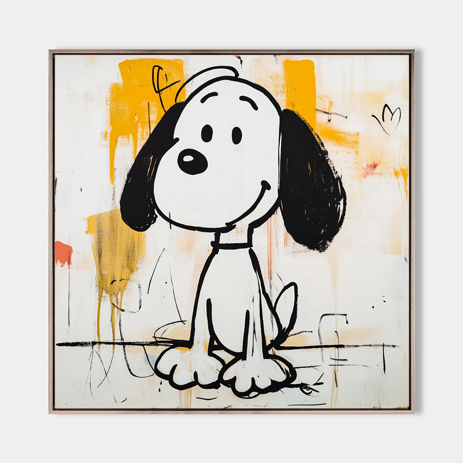 Black‑White‑Yellow Square Pop‑Art Dog Figure Sketch Textured Artwork