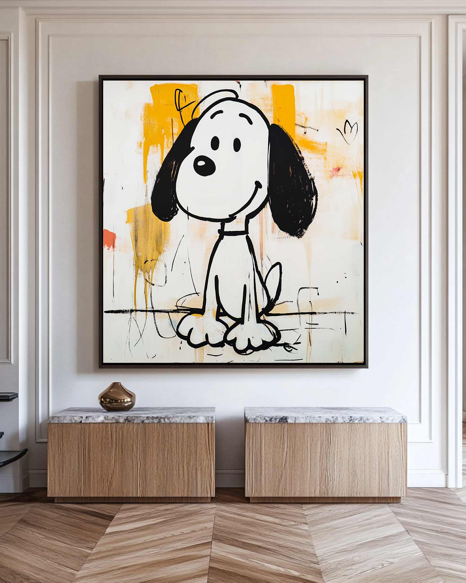 Black‑White‑Yellow Square Pop‑Art Dog Figure Sketch Textured Artwork