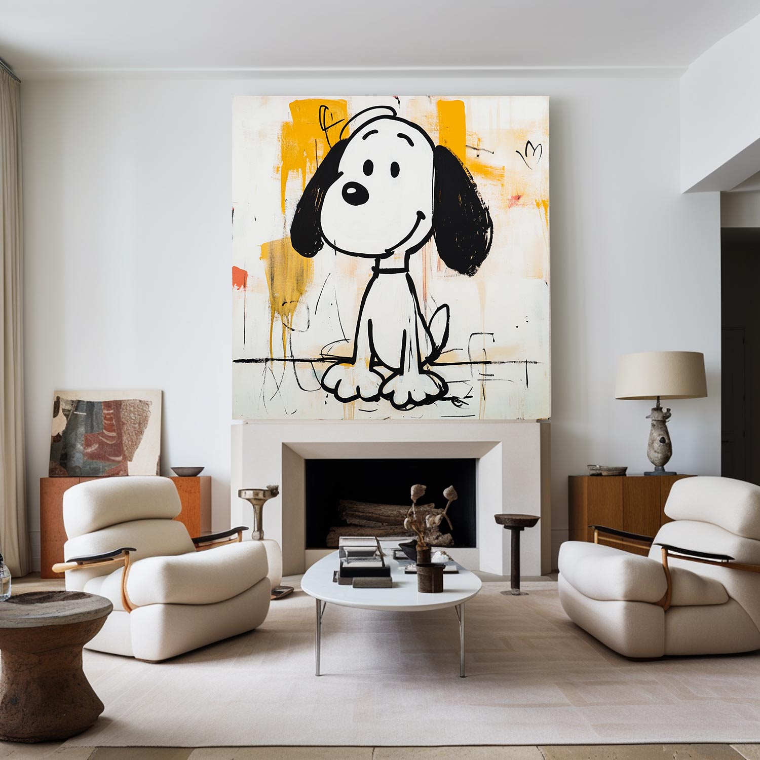 Black‑White‑Yellow Square Pop‑Art Dog Figure Sketch Textured Artwork