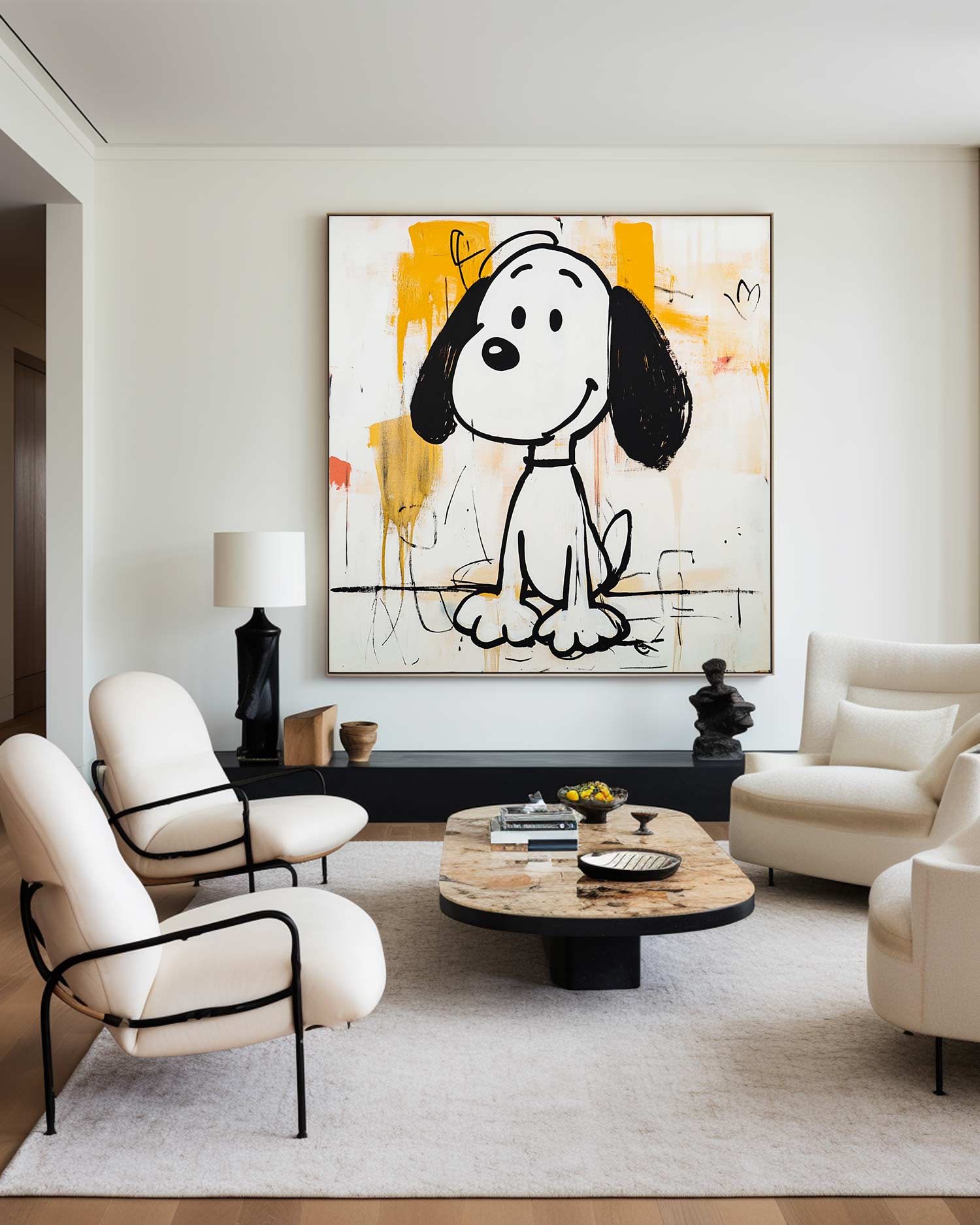 Black‑White‑Yellow Square Pop‑Art Dog Figure Sketch Textured Artwork