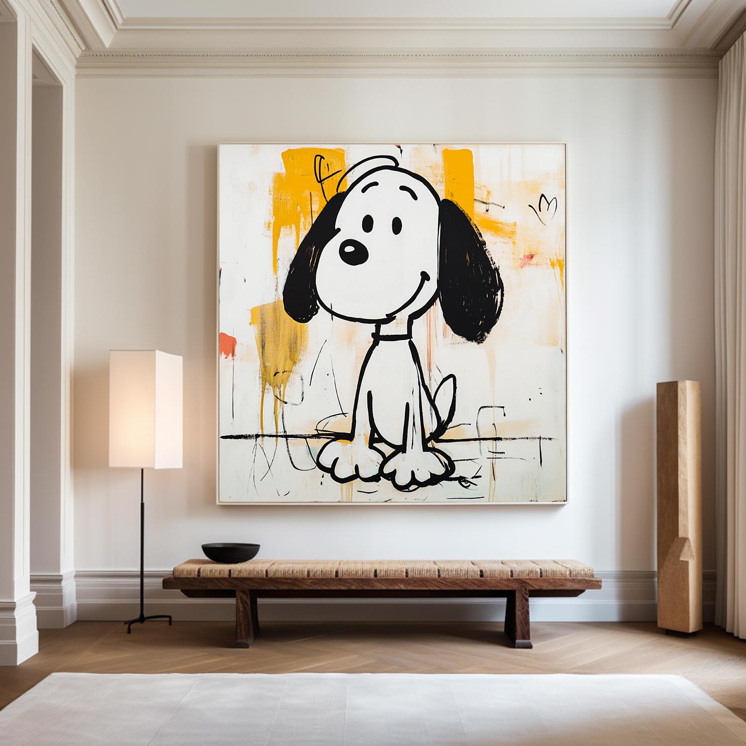 Black‑White‑Yellow Square Pop‑Art Dog Figure Sketch Textured Artwork