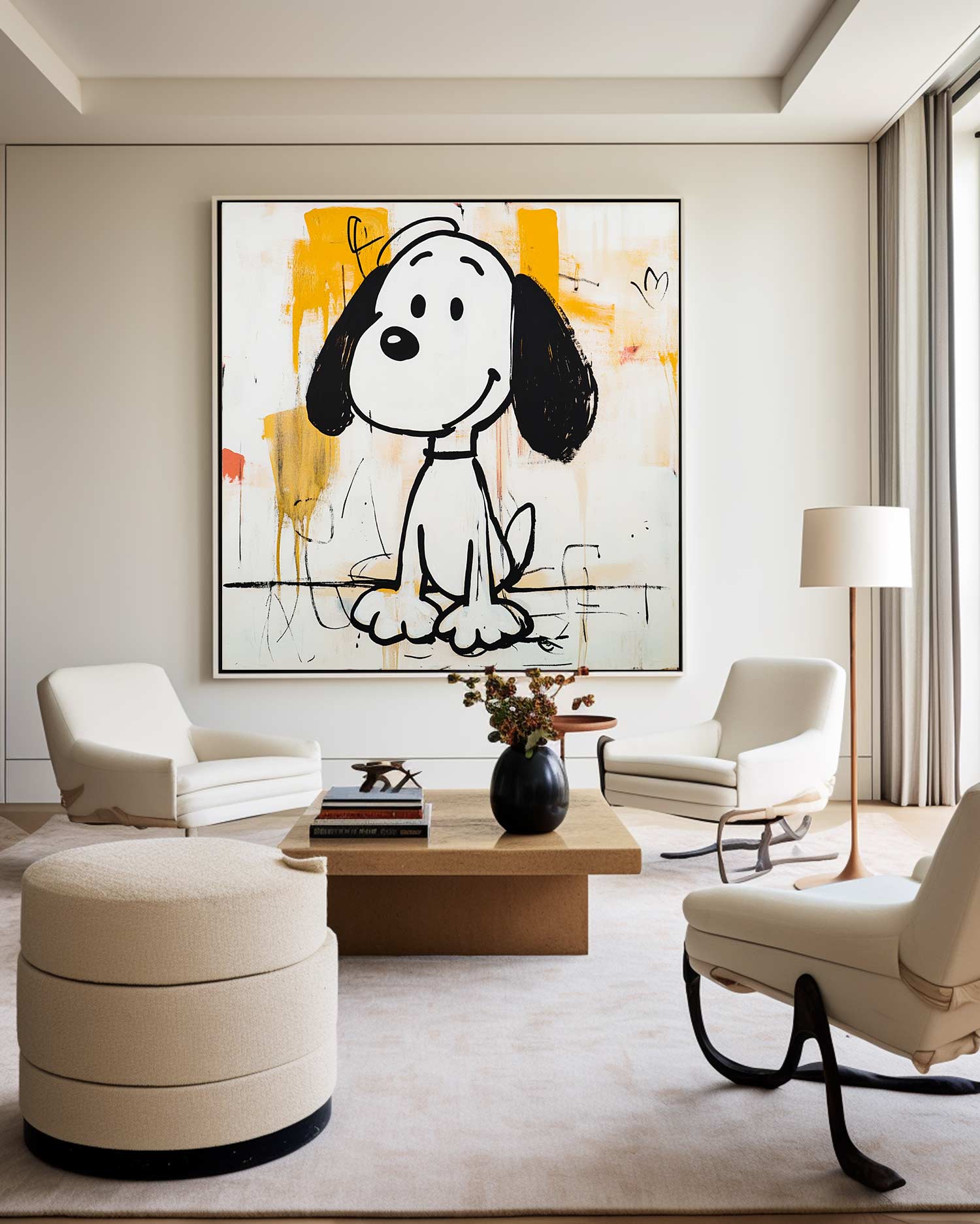 Black‑White‑Yellow Square Pop‑Art Dog Figure Sketch Textured Artwork