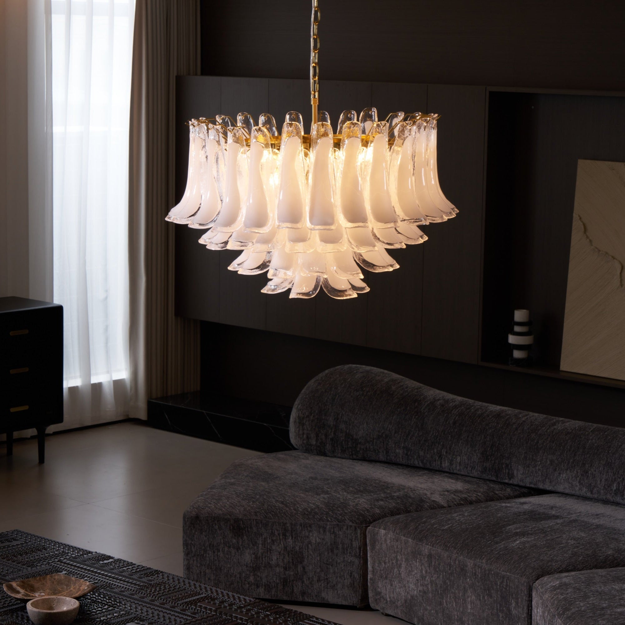 Aurora Chandelier Pink Glass Leaf Layered Floral Glamour - Neutralighting