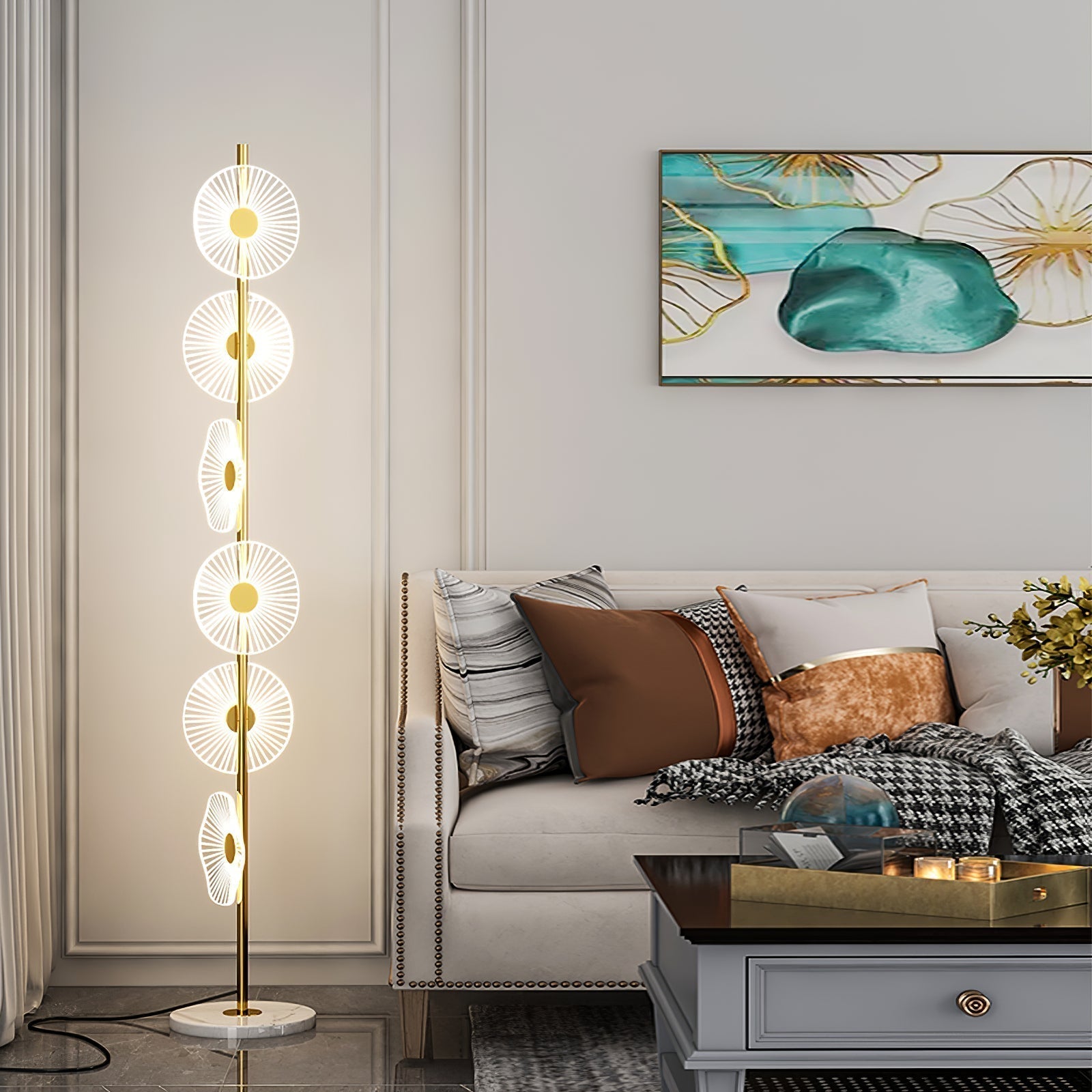 Carins Floor Lamp Creative Circle Modern, Acrylic, White/Gold, Bedroom - Neutralighting