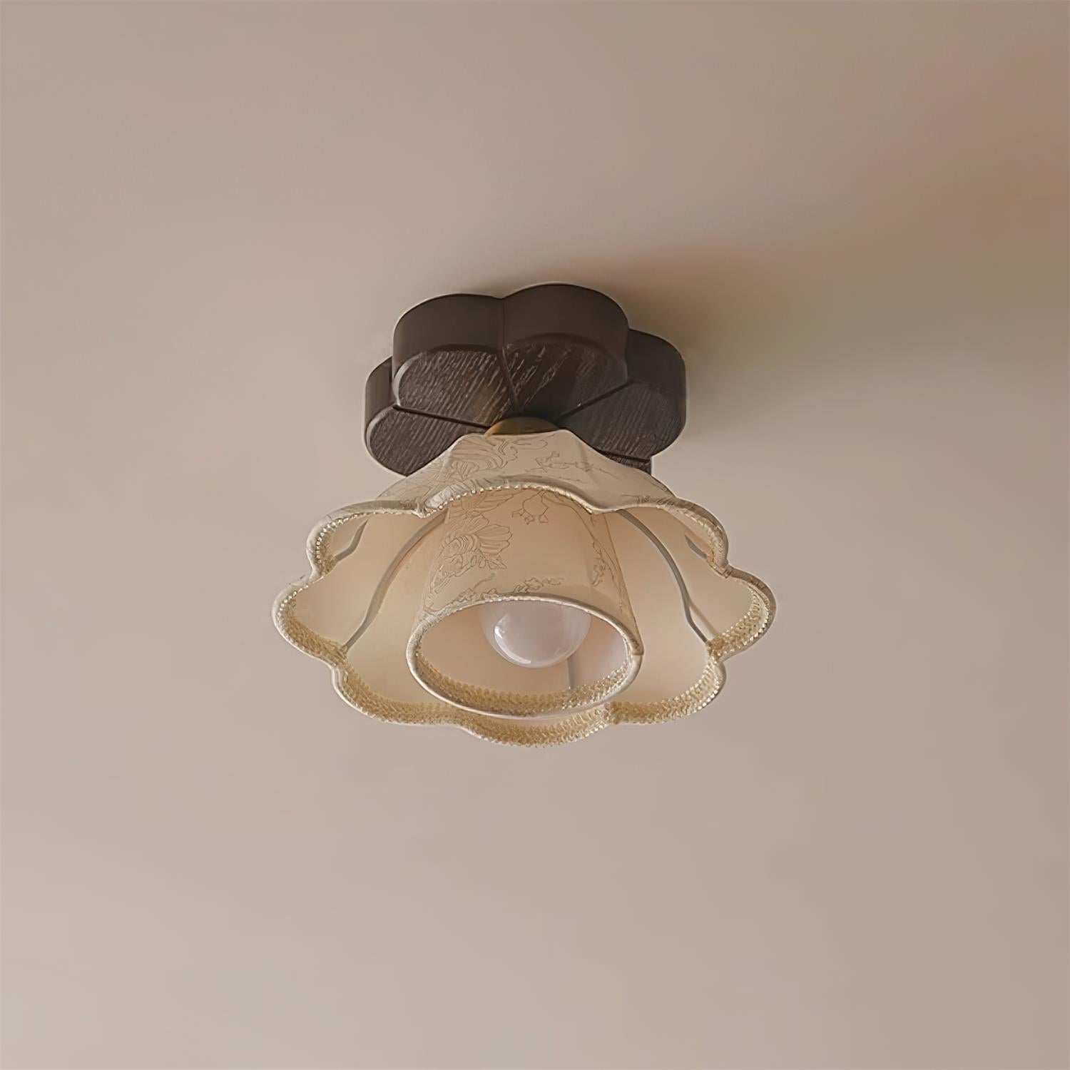 Ceiling Light Scalloped Fabric Shade Walnut Wood Canopy Vintage - Neutralighting