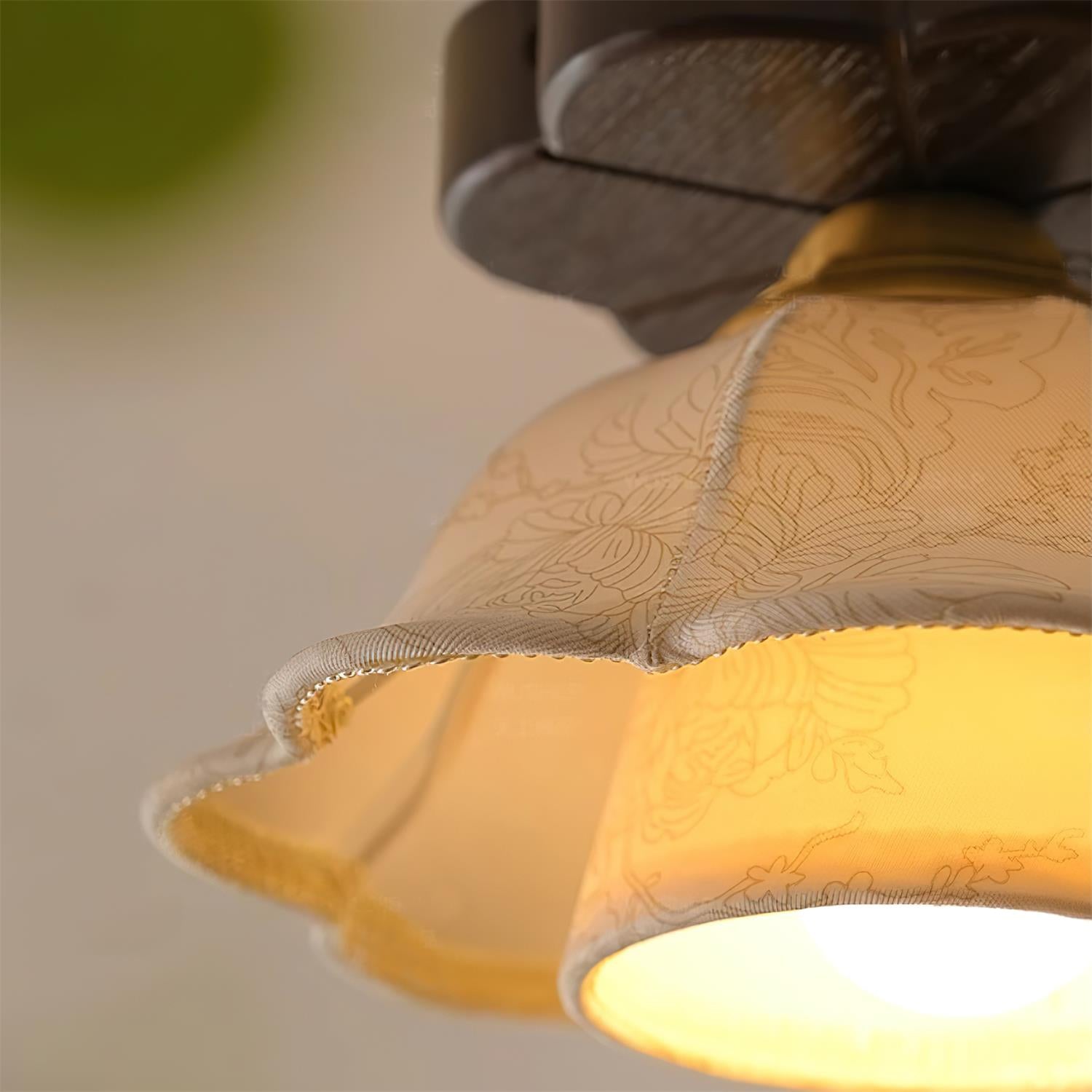 Ceiling Light Scalloped Fabric Shade Walnut Wood Canopy Vintage - Neutralighting