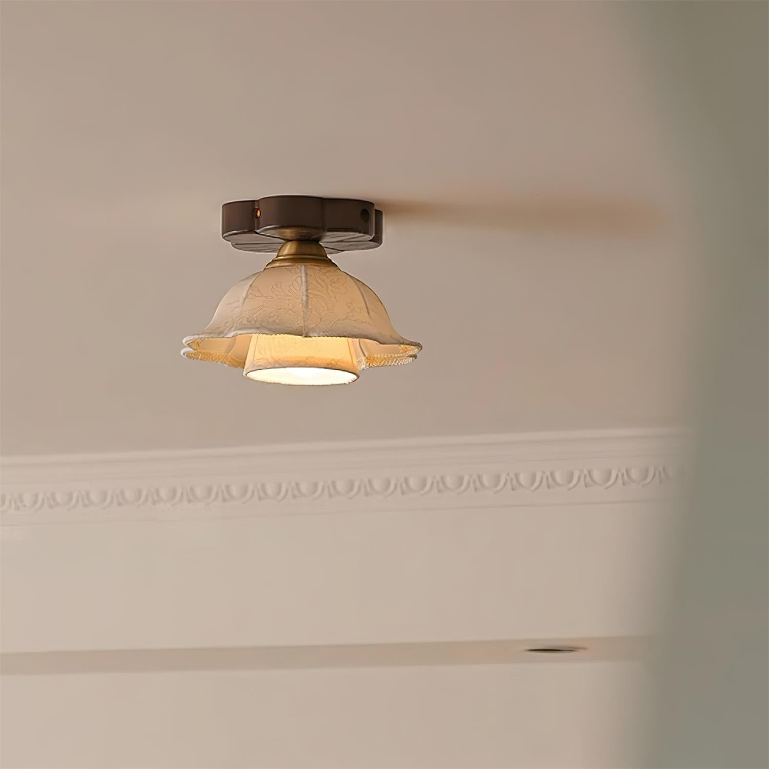 Ceiling Light Scalloped Fabric Shade Walnut Wood Canopy Vintage - Neutralighting