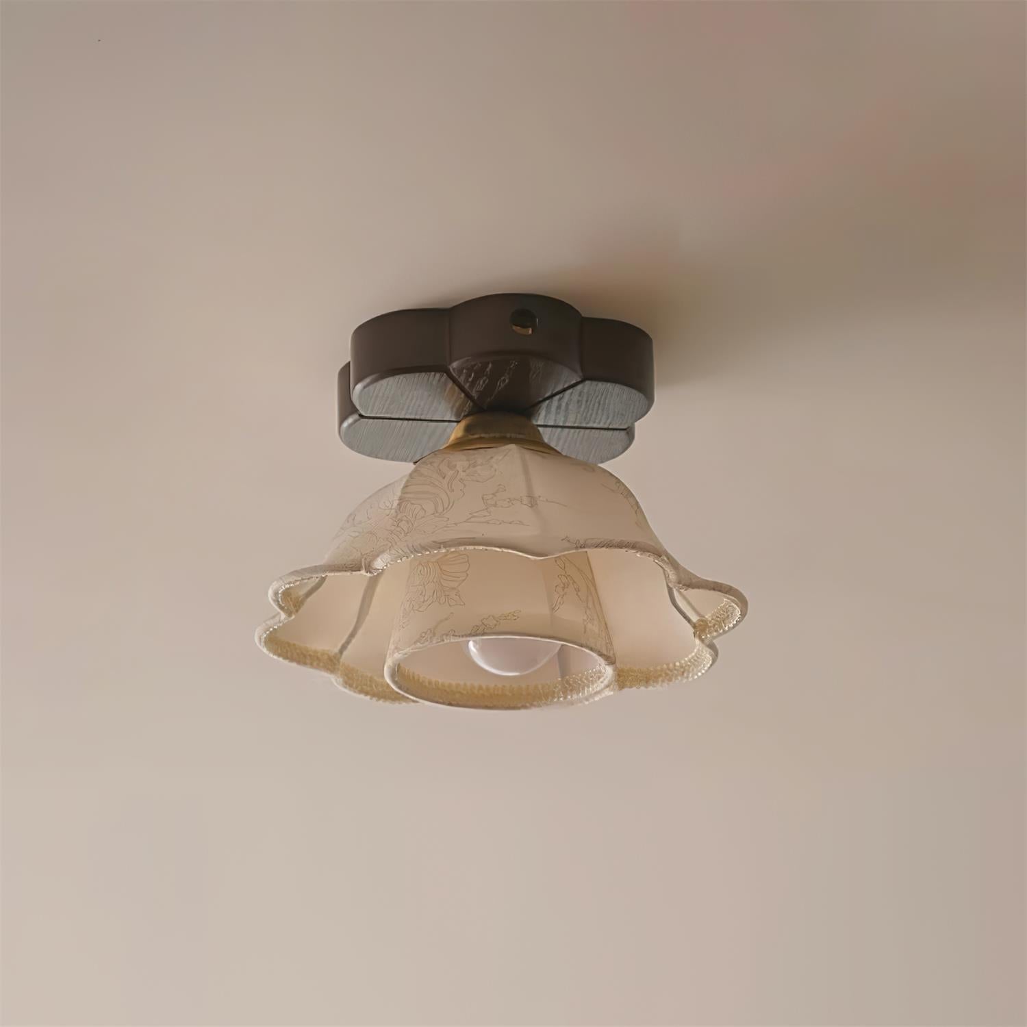 Ceiling Light Scalloped Fabric Shade Walnut Wood Canopy Vintage - Neutralighting