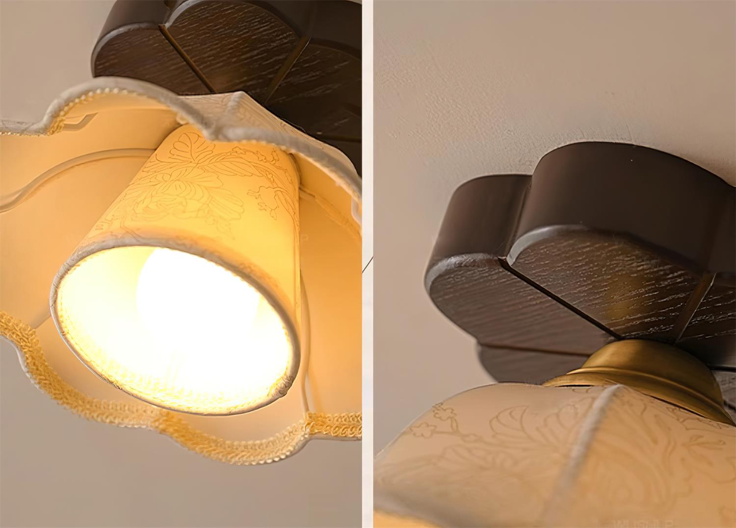 Ceiling Light Scalloped Fabric Shade Walnut Wood Canopy Vintage - Neutralighting