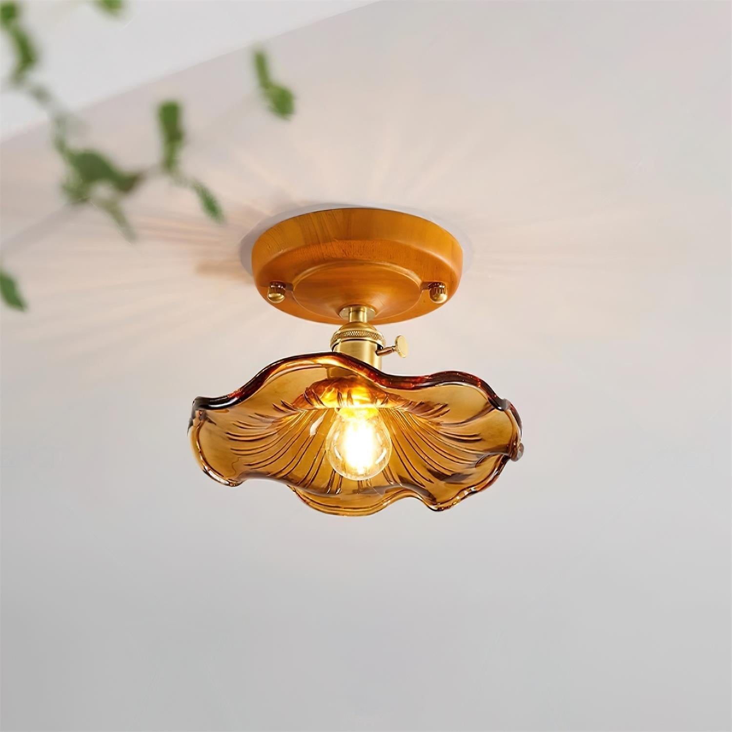 Ceiling Light Wood Canopy Brass & Glass Shade Vintage Floral Farmhouse - Neutralighting