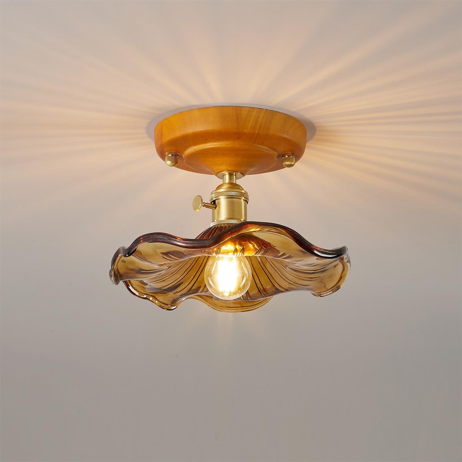 Ceiling Light Wood Canopy Brass & Glass Shade Vintage Floral Farmhouse - Neutralighting