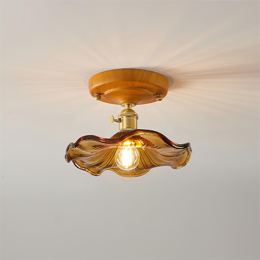 Ceiling Light Wood Canopy Brass & Glass Shade Vintage Floral Farmhouse - Neutralighting