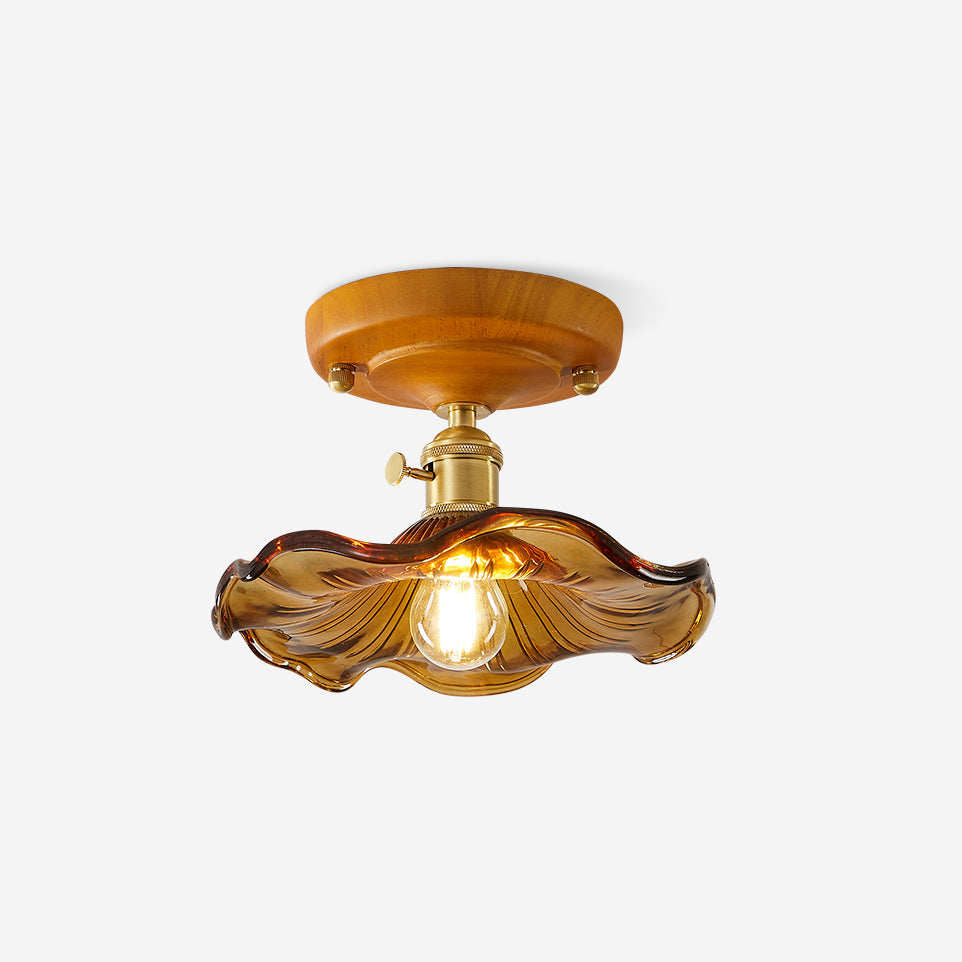 Ceiling Light Wood Canopy Brass & Glass Shade Vintage Floral Farmhouse - Neutralighting