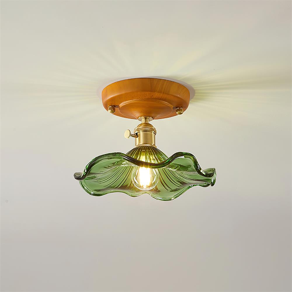 Ceiling Light Wood Canopy Brass & Glass Shade Vintage Floral Farmhouse - Neutralighting