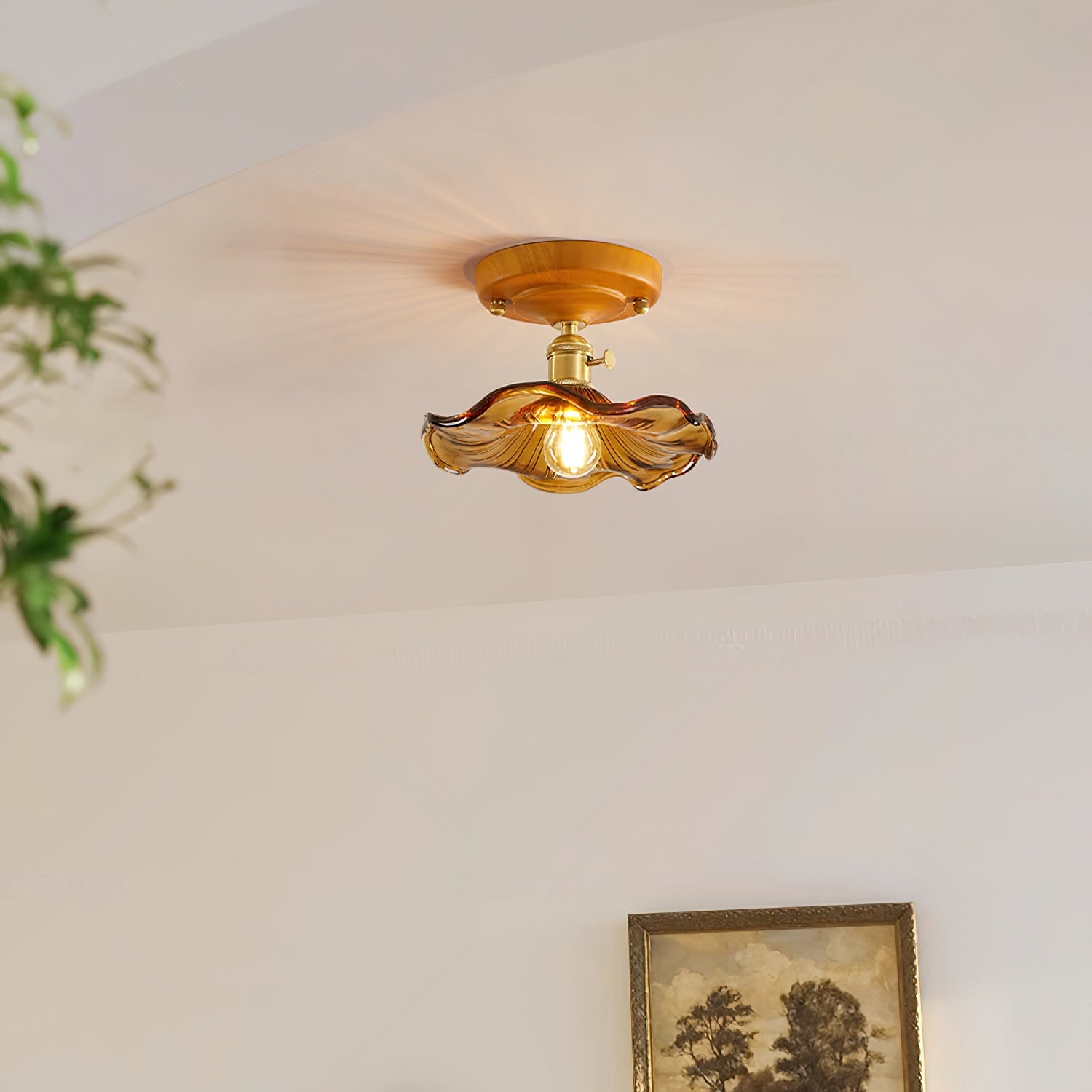 Ceiling Light Wood Canopy Brass & Glass Shade Vintage Floral Farmhouse - Neutralighting