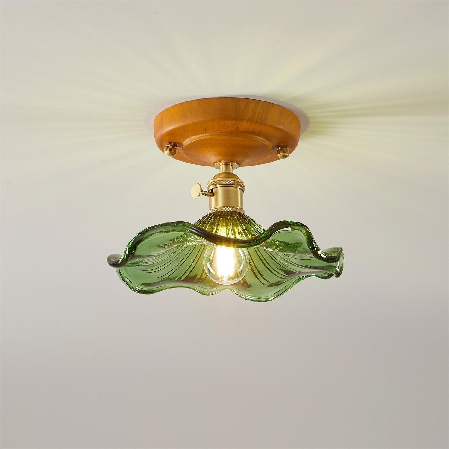 Ceiling Light Wood Canopy Brass & Glass Shade Vintage Floral Farmhouse - Neutralighting