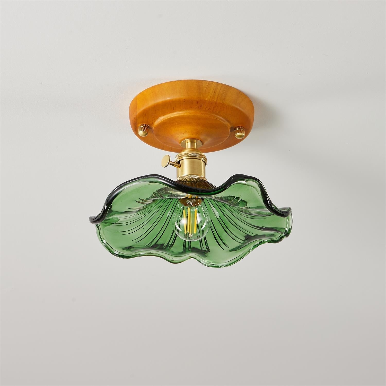 Ceiling Light Wood Canopy Brass & Glass Shade Vintage Floral Farmhouse - Neutralighting