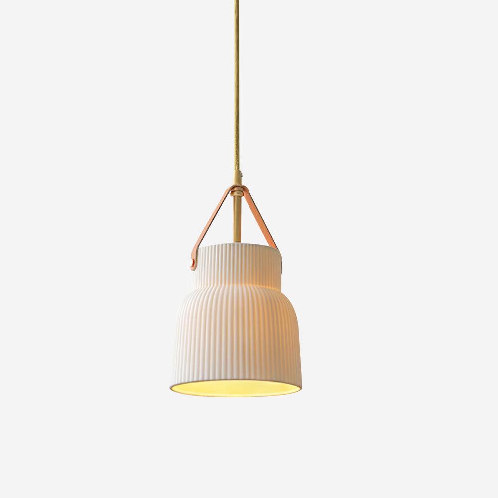 Pendant Lamp Ceramic Ribbed Shade Brass Leather Strap Modern - Neutralighting