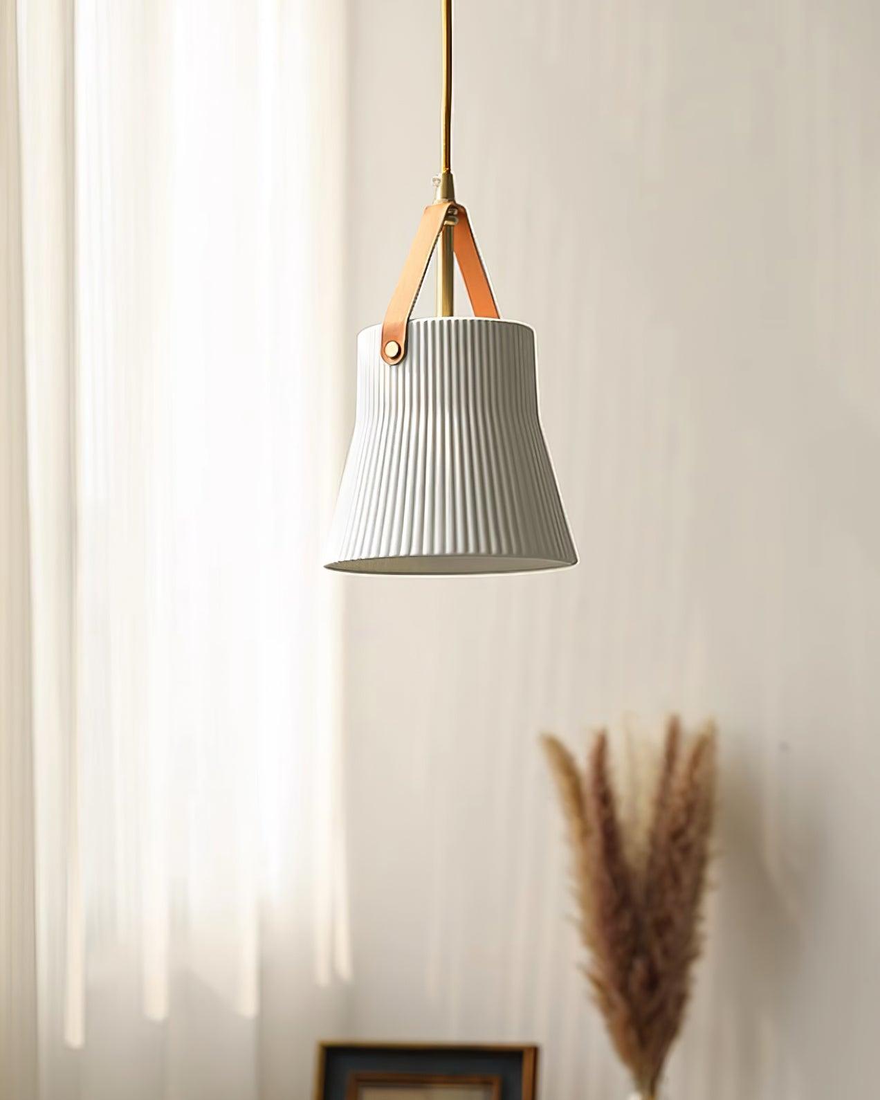 Pendant Lamp Ceramic Ribbed Shade Brass Leather Strap Modern - Neutralighting