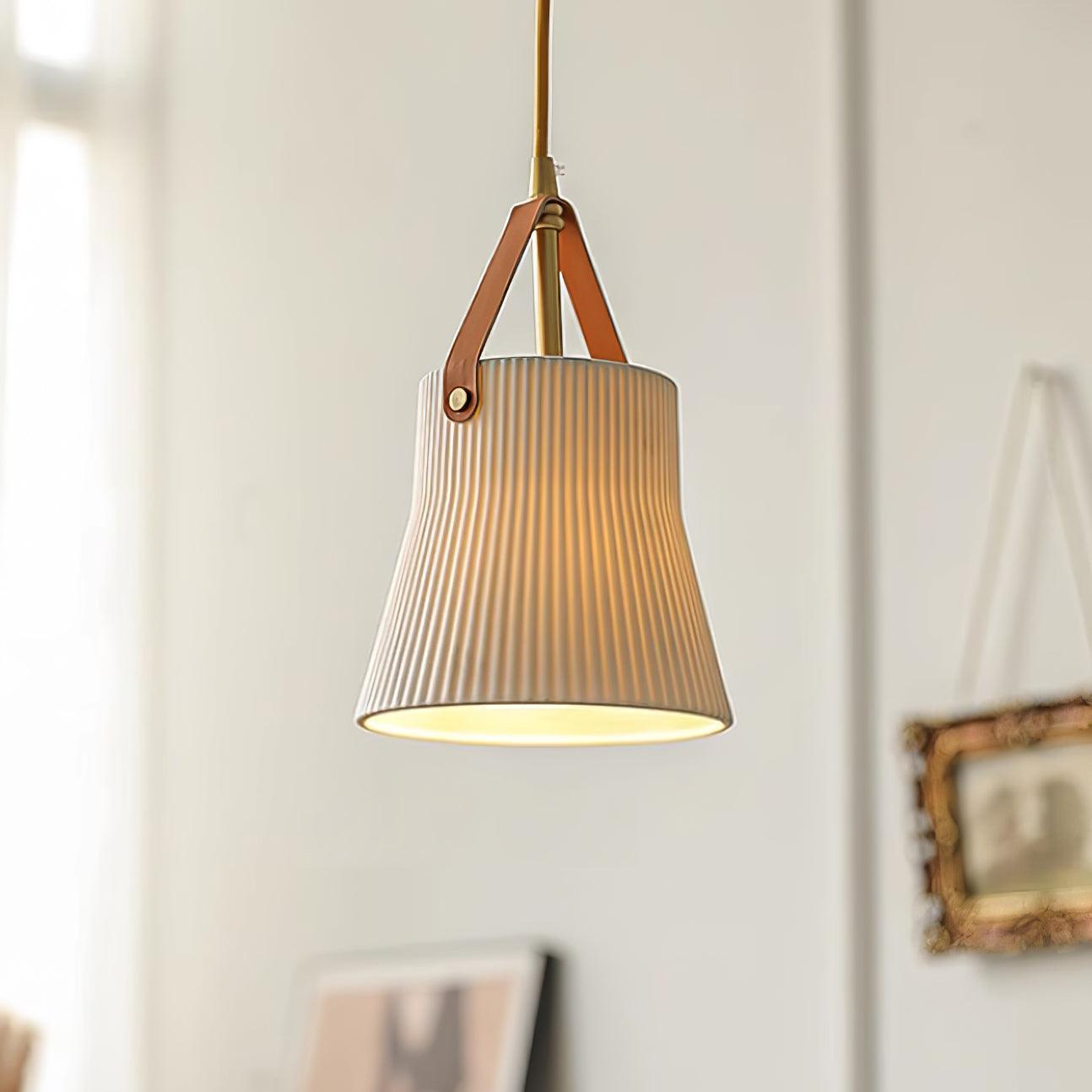 Pendant Lamp Ceramic Ribbed Shade Brass Leather Strap Modern - Neutralighting