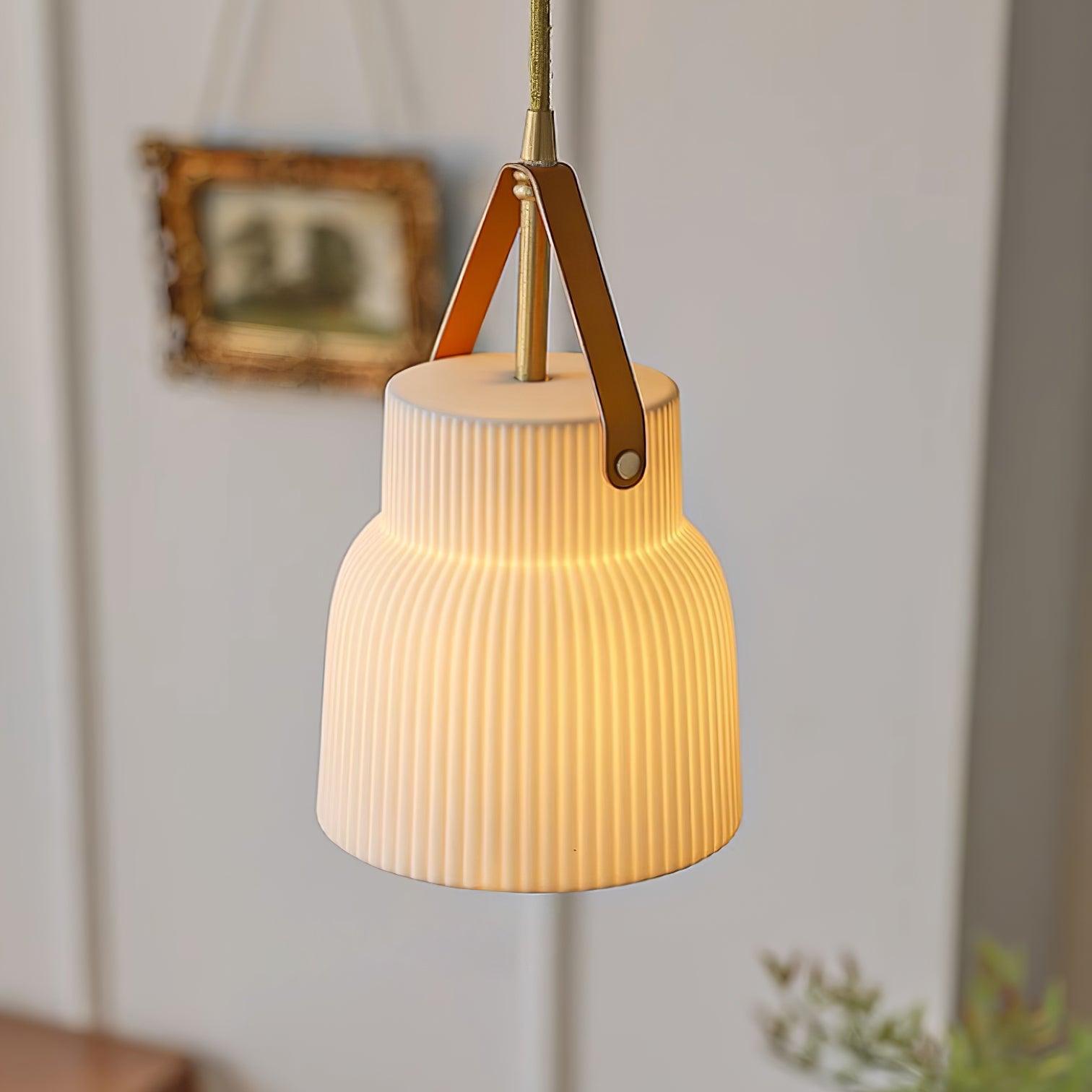 Pendant Lamp Ceramic Ribbed Shade Brass Leather Strap Modern - Neutralighting