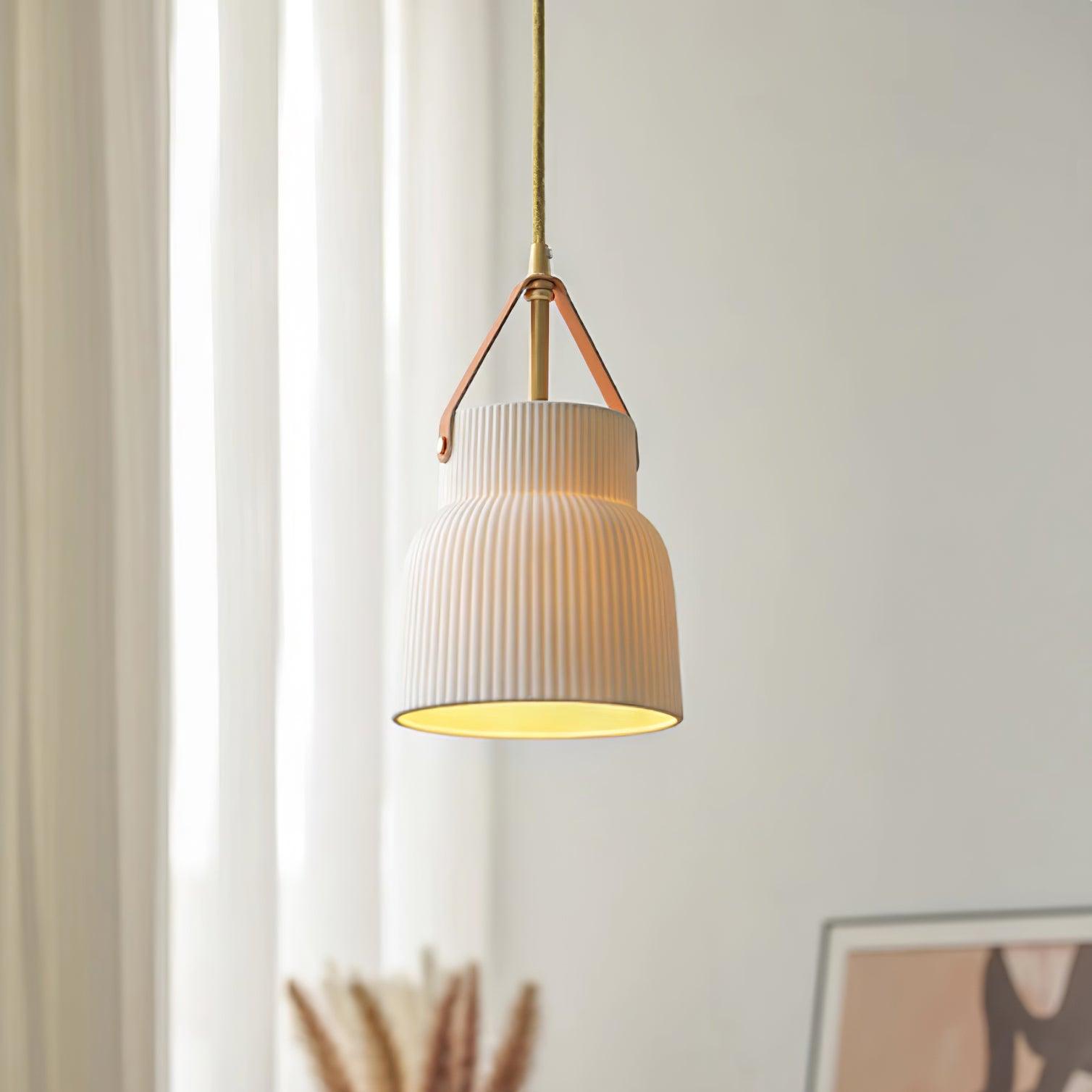 Pendant Lamp Ceramic Ribbed Shade Brass Leather Strap Modern - Neutralighting