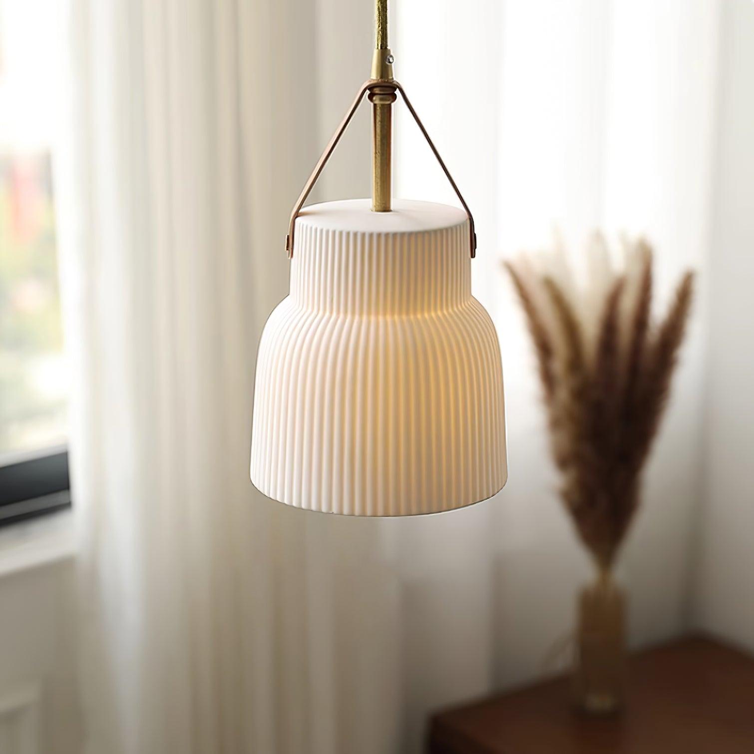 Pendant Lamp Ceramic Ribbed Shade Brass Leather Strap Modern - Neutralighting