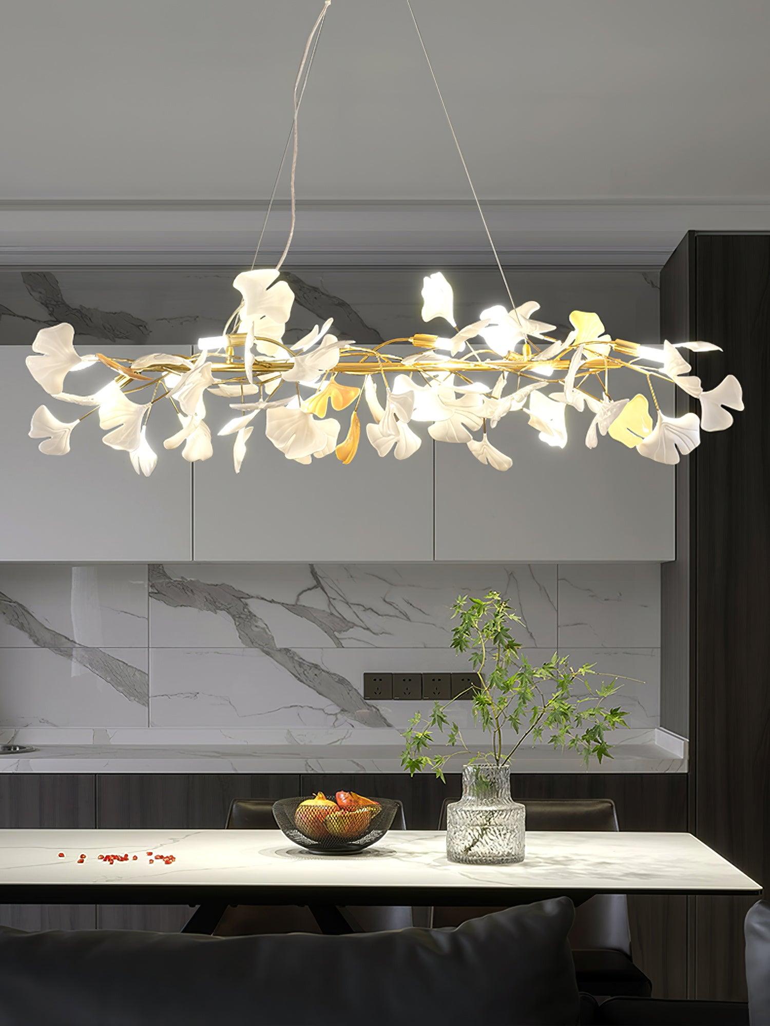 Chandelier Metal Frame Ceramic Gingko White Gold Shade Modern Art - Neutralighting