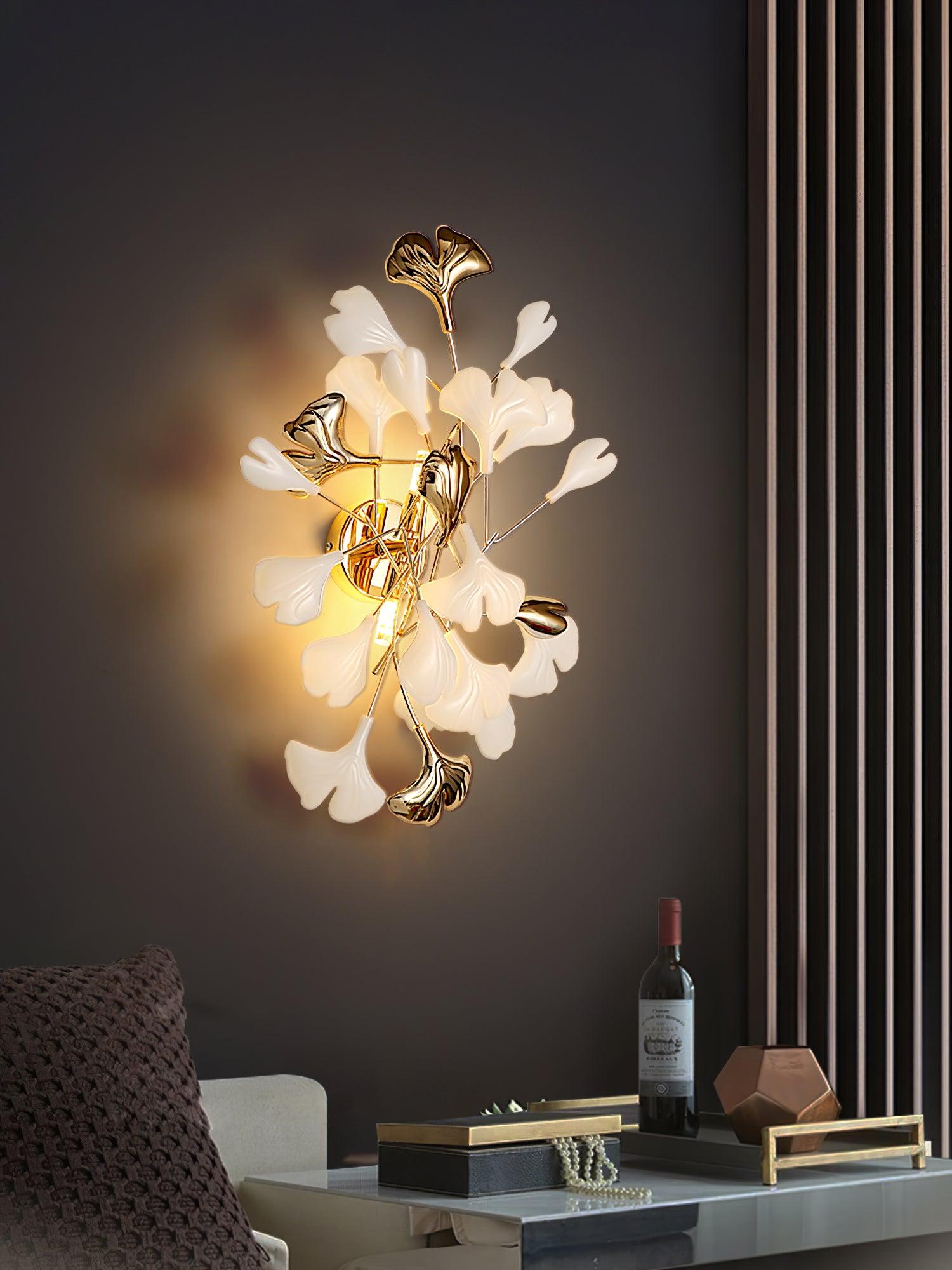 Wall Lamp Gingko Ceramic Petal Shades Gold Art Nouveau - Neutralighting