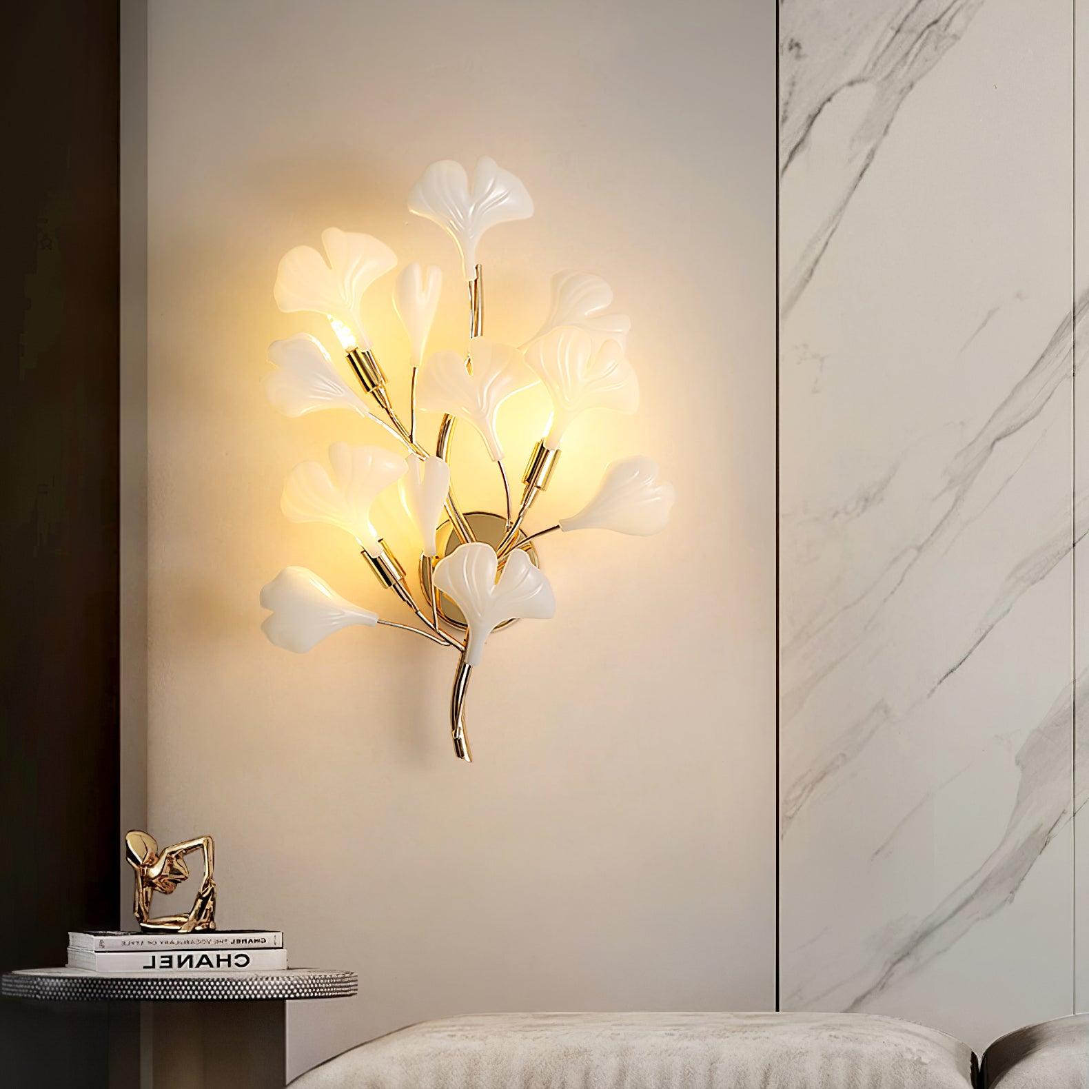 Wall Lamp Gingko Ceramic Petal Shades Gold Art Nouveau - Neutralighting