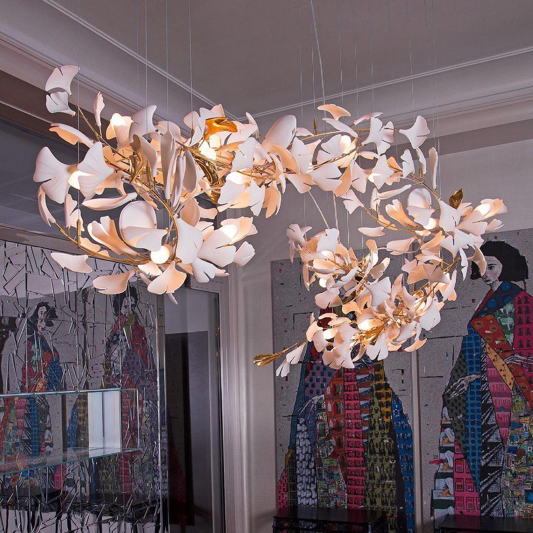 Chandelier Metal Frame Ceramic Gingko Leaf Shade White Gold Modern - Neutralighting
