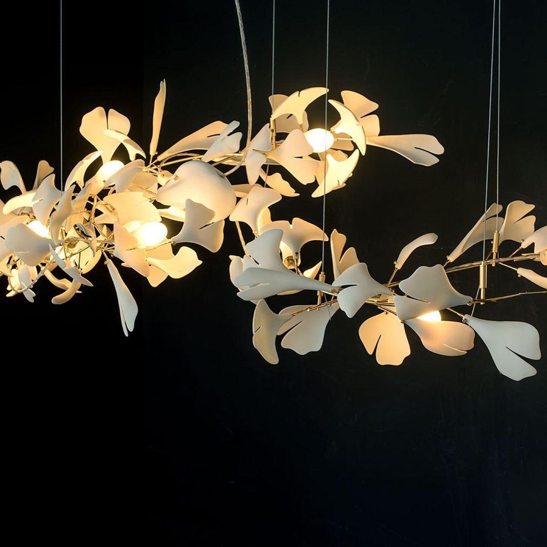 Chandelier Metal Frame Ceramic Gingko Leaf Shade White Gold Modern - Neutralighting