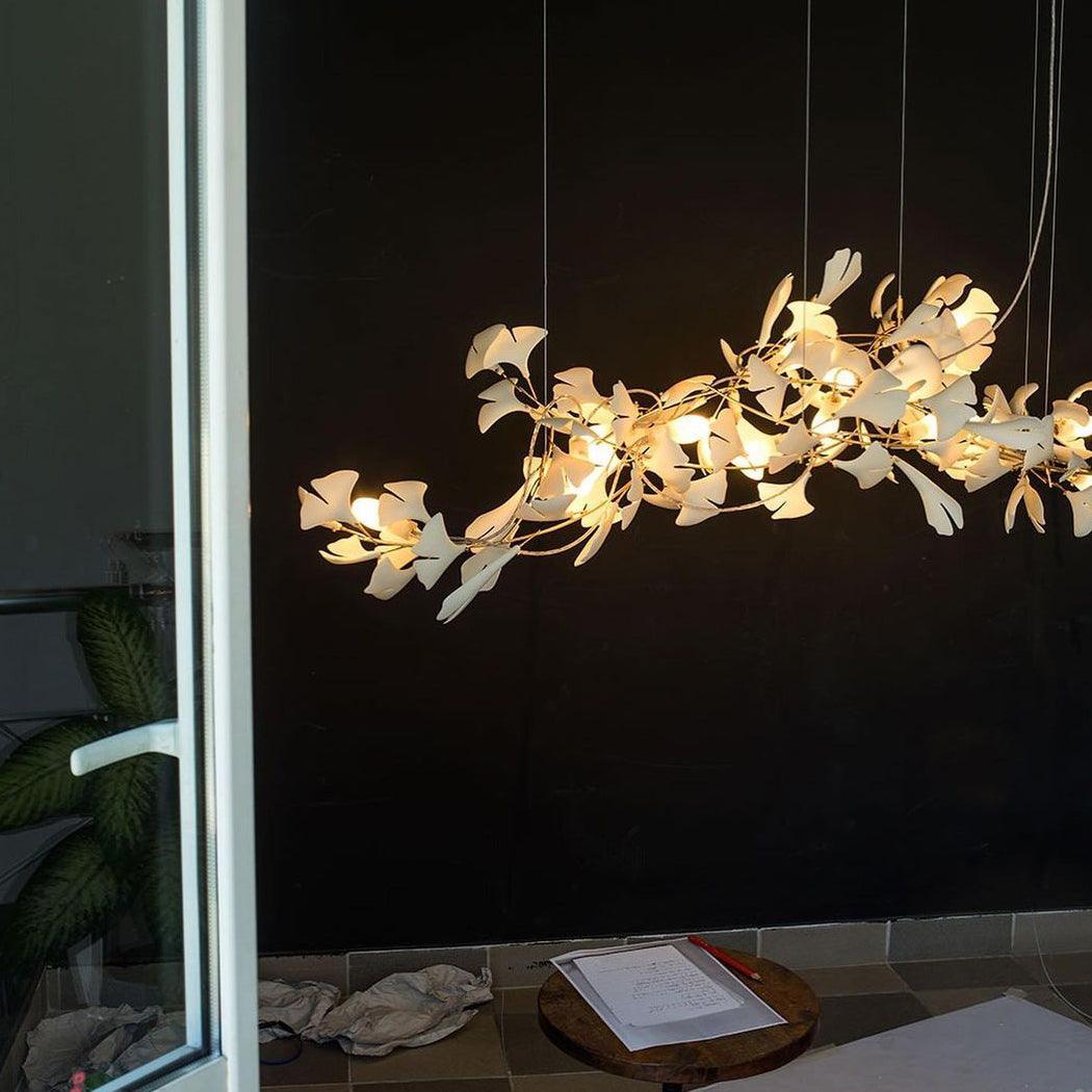Chandelier Metal Frame Ceramic Gingko Leaf Shade White Gold Modern - Neutralighting