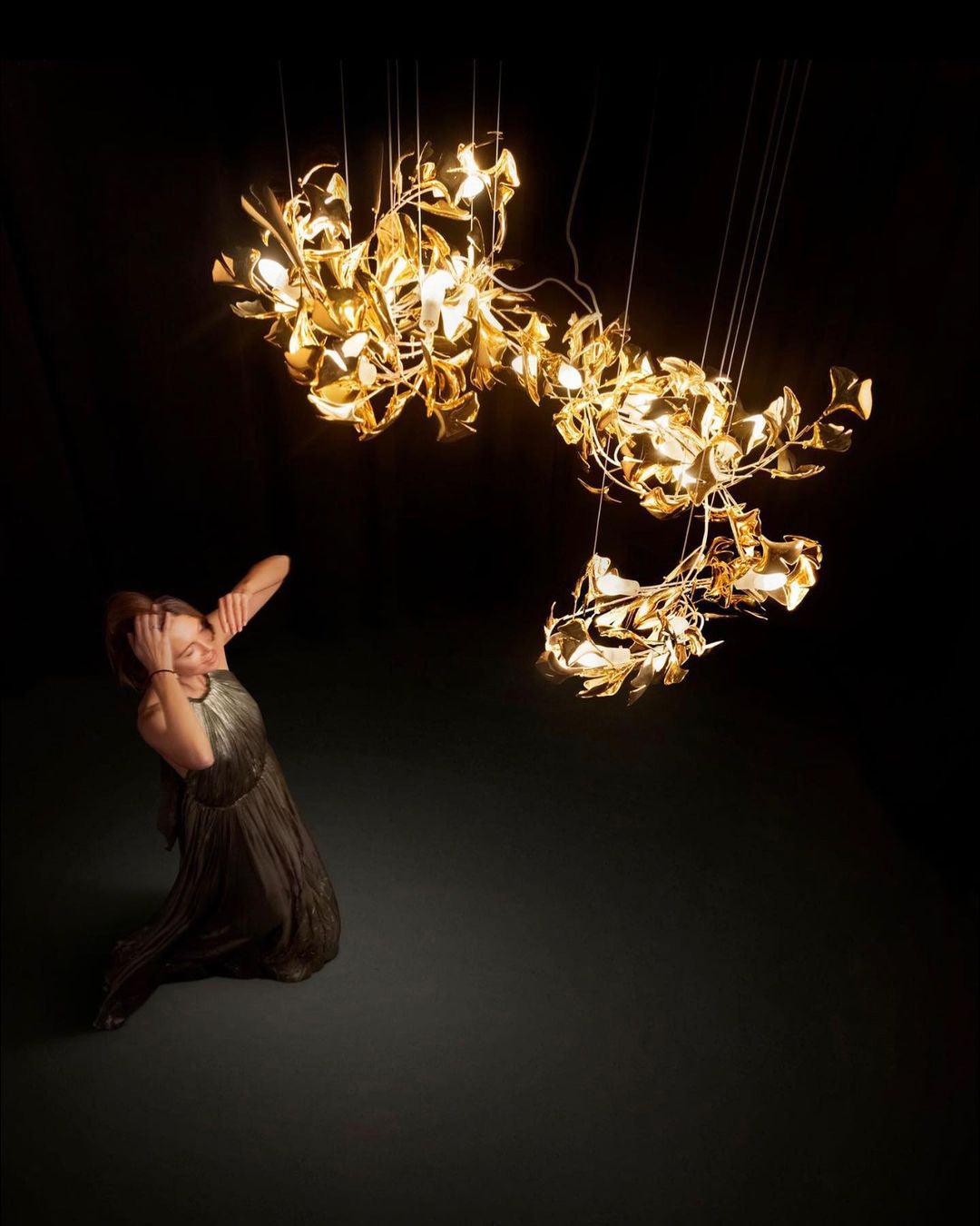Chandelier Metal Frame Ceramic Gingko Leaf Shade White Gold Modern - Neutralighting
