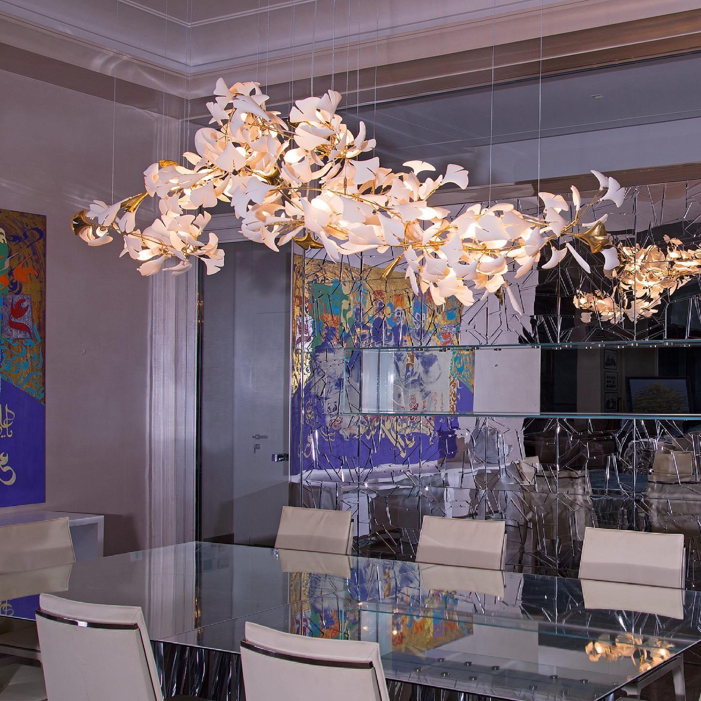Chandelier Metal Frame Ceramic Gingko Leaf Shade White Gold Modern - Neutralighting