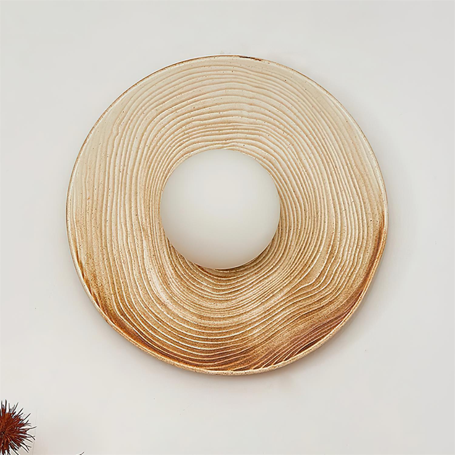 Wall Lamp Textured Ceramic Disc Wood Accent Modern Entryways - Neutralighting