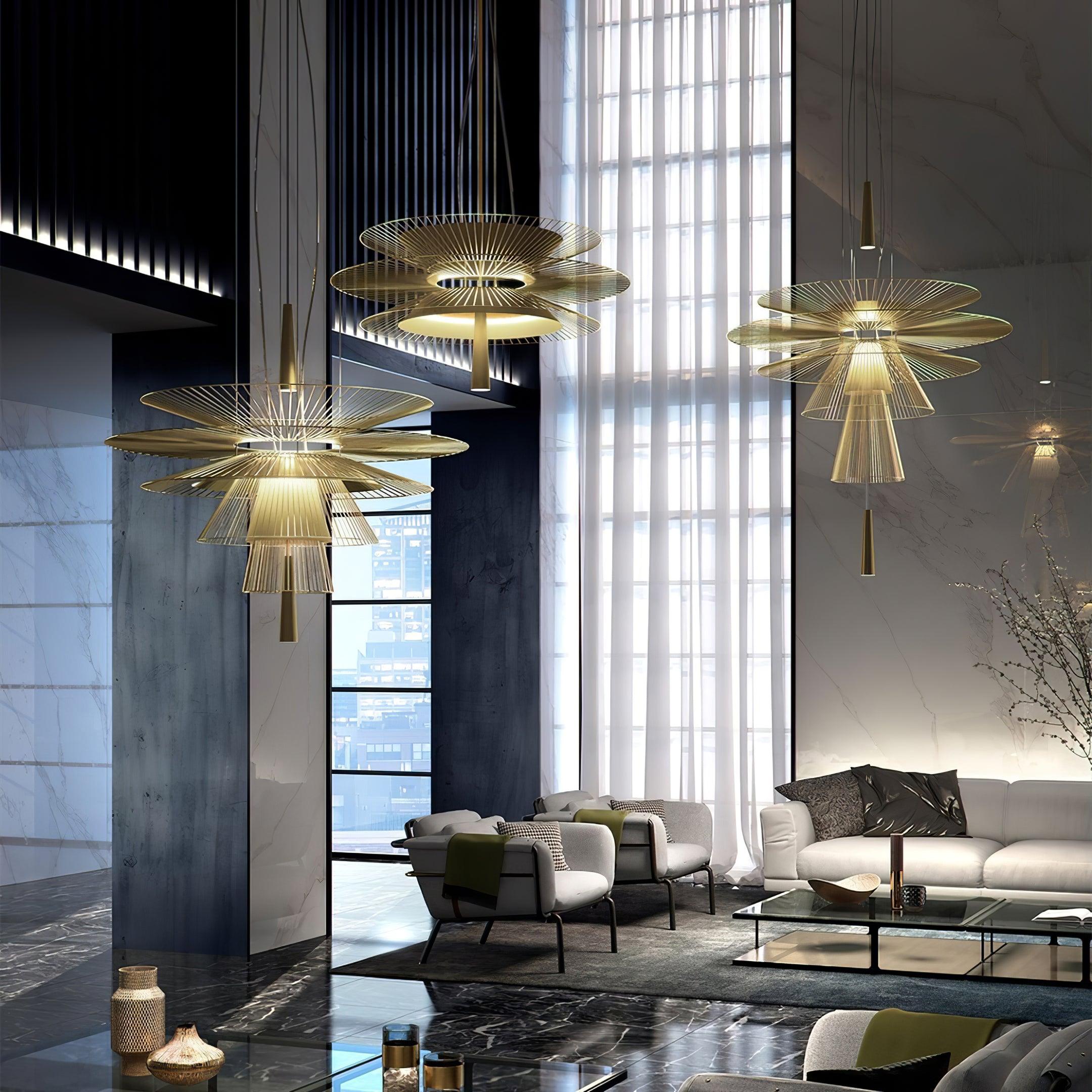 Chandelier Sculptural Layered Wire Frame Statement Bold Modern Centerpiece - Neutralighting