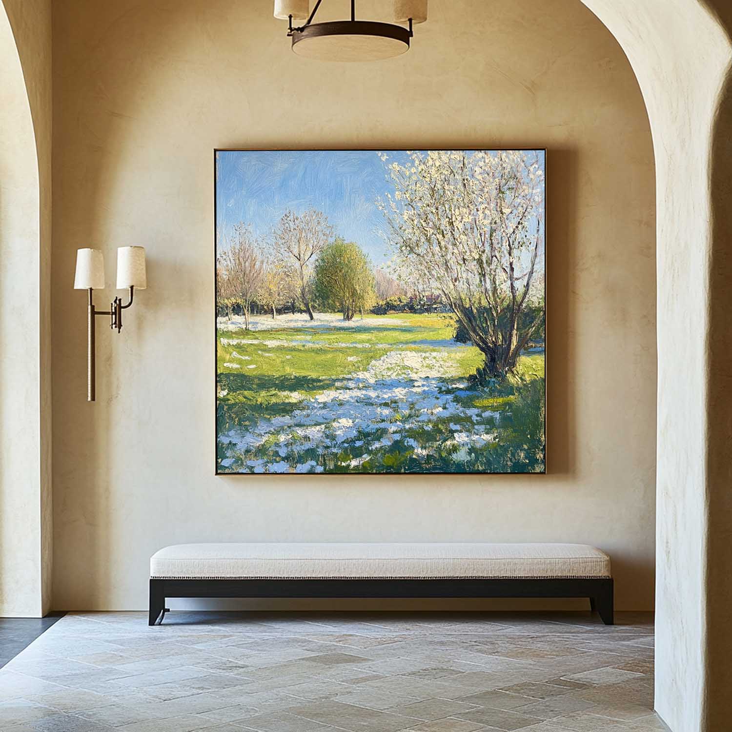 Green‑Blue‑White Square Impasto Spring Garden Scenery Textured Artwork