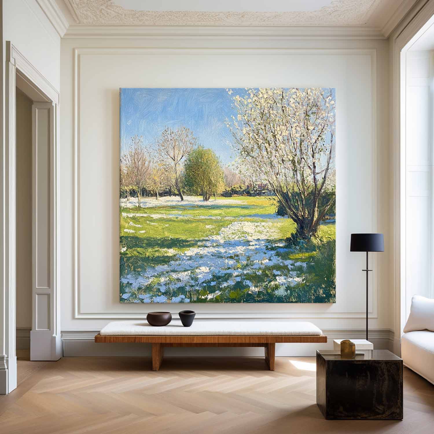 Green‑Blue‑White Square Impasto Spring Garden Scenery Textured Artwork